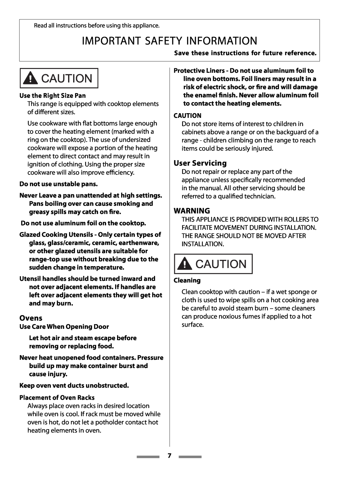 Aga Ranges Legacy 44 Ovens, User Servicing, Important Safety Information, Save these instructions for future reference 