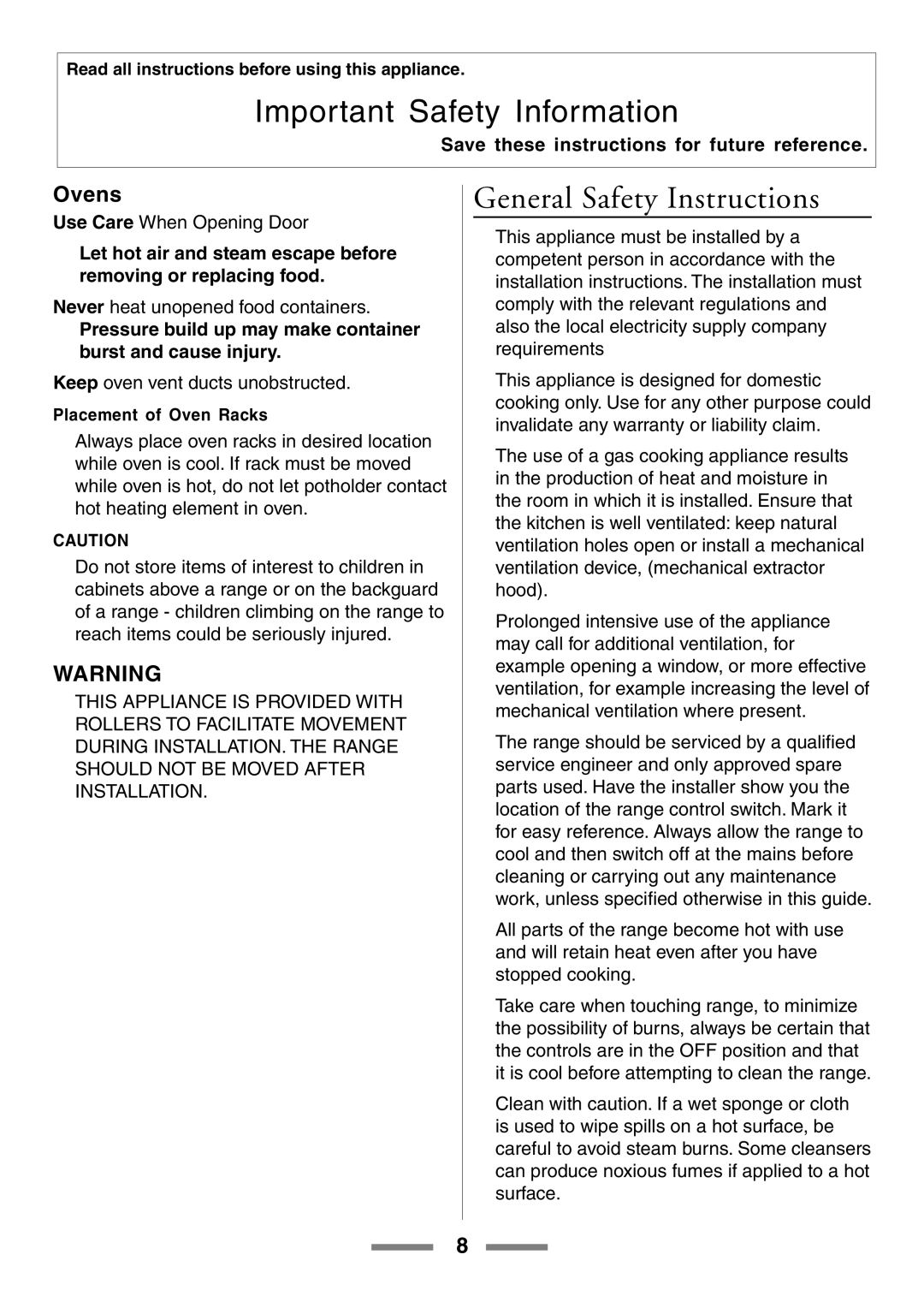 Aga Ranges U104001-03 manual General Safety Instructions, Ovens, Placement of Oven Racks 