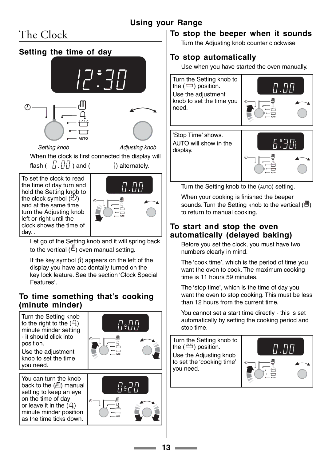 Aga Ranges U104001-03 To stop the beeper when it sounds, Setting the time of day To stop automatically, Minute minder 