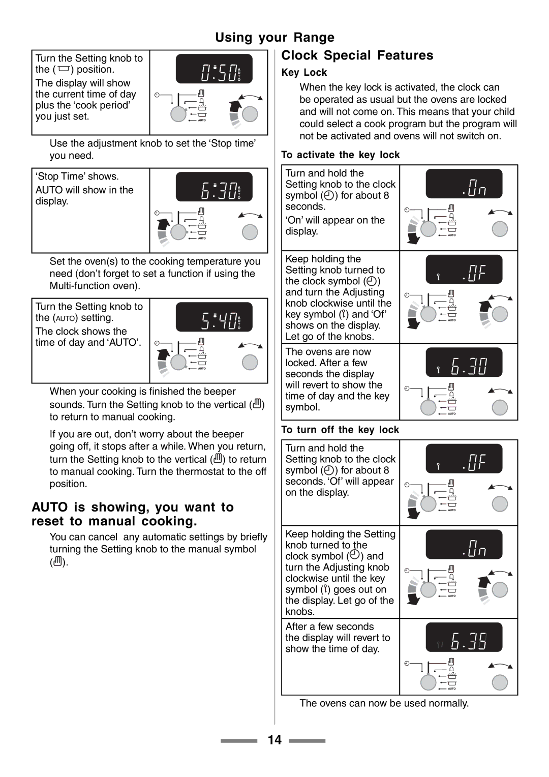 Aga Ranges U104001-03 Auto is showing, you want to reset to manual cooking, Clock Special Features, Key Lock 