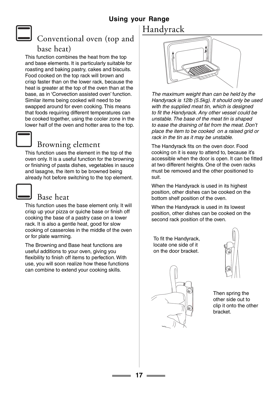 Aga Ranges U104001-03 manual Handyrack, Conventional oven top and base heat 