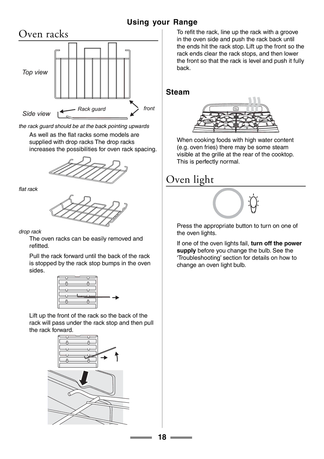 Aga Ranges U104001-03 manual Oven racks, Oven light, Steam 