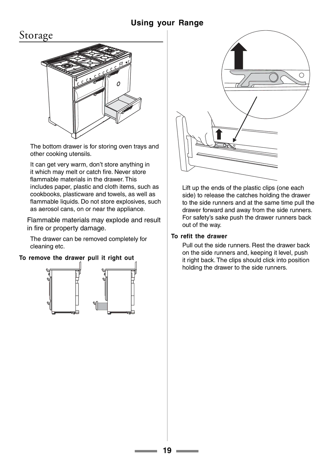 Aga Ranges U104001-03 manual Storage, To remove the drawer pull it right out, To refit the drawer 