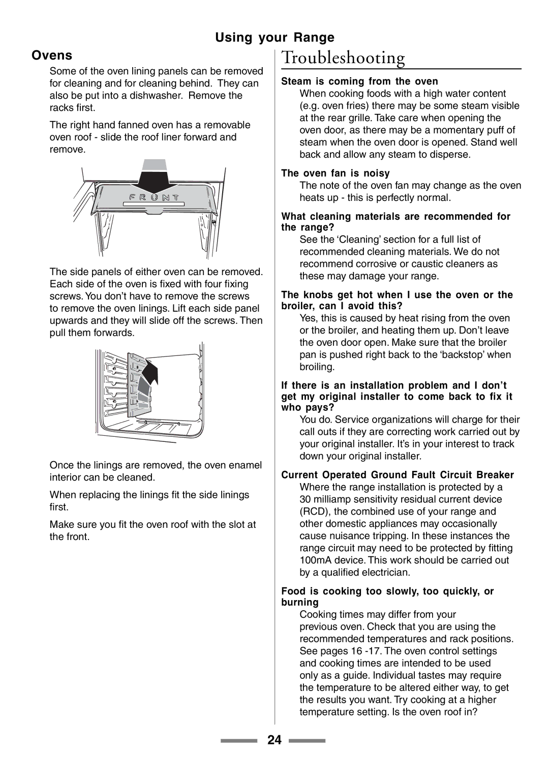 Aga Ranges U104001-03 manual Troubleshooting, Using your Range Ovens, Steam is coming from the oven 