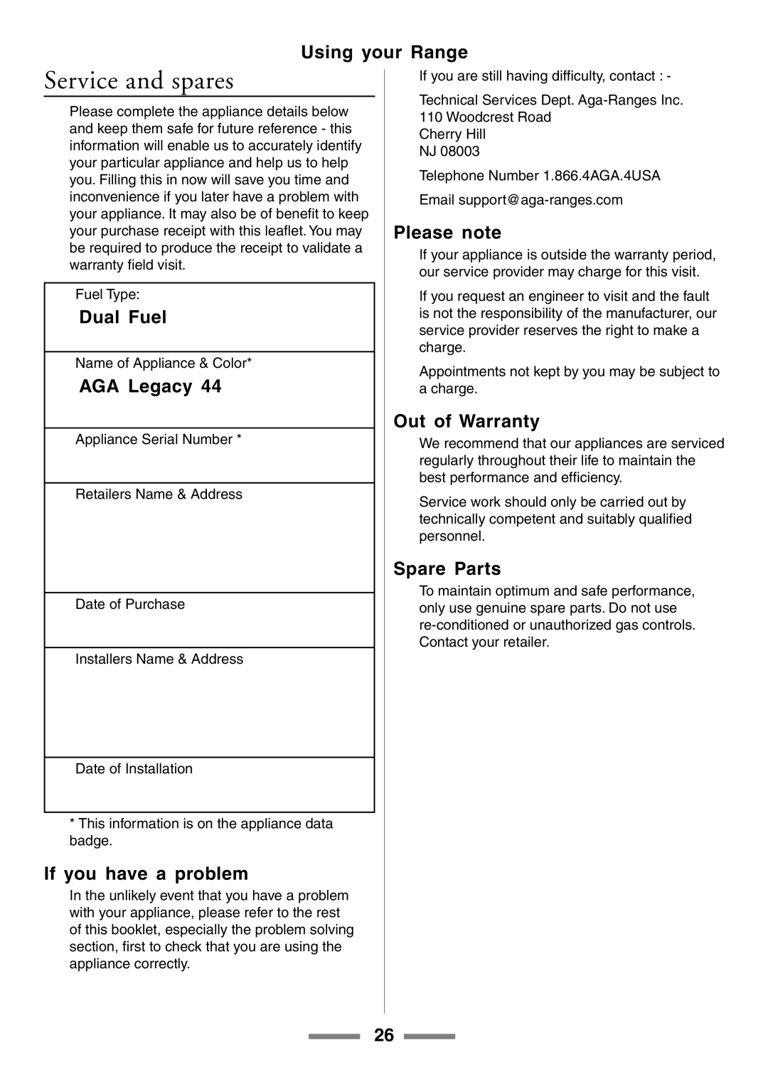 Aga Ranges U104001-03 manual Service and spares 