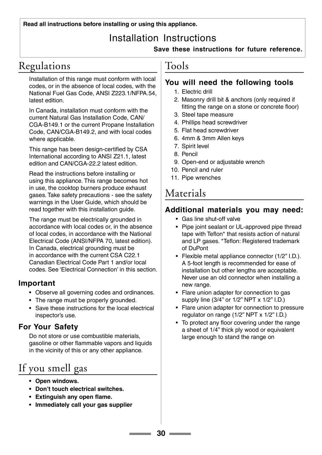 Aga Ranges U104001-03 manual Regulations, If you smell gas, Tools, Materials 