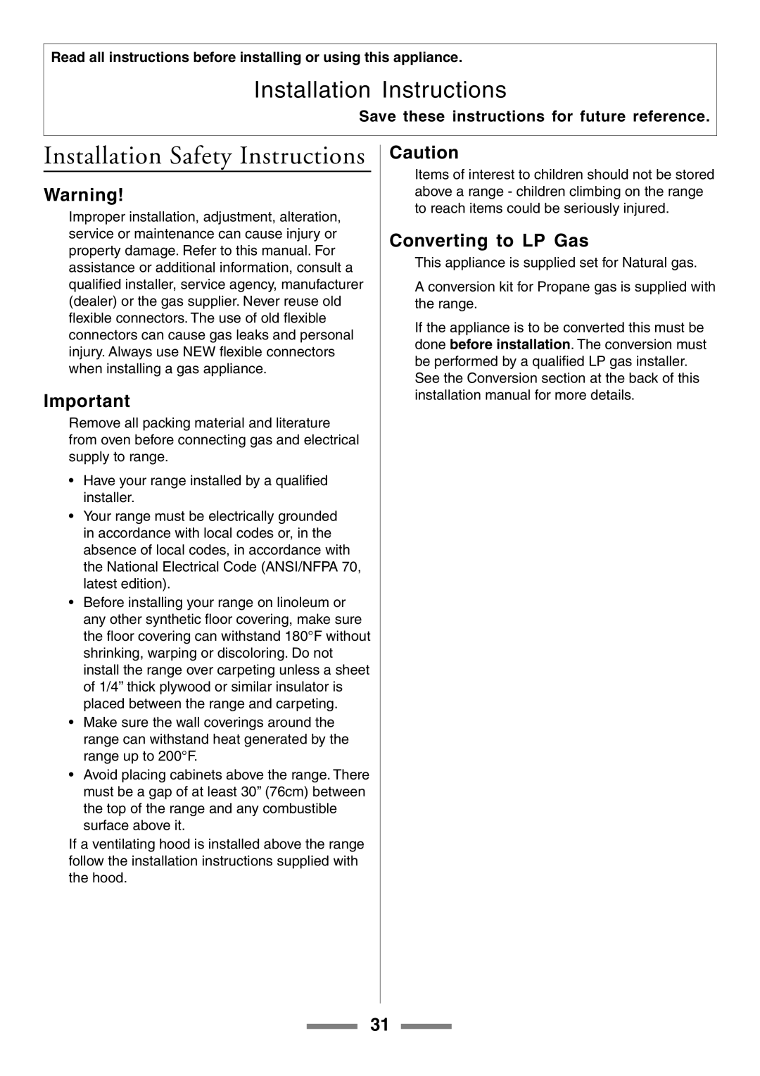 Aga Ranges U104001-03 manual Installation Safety Instructions, Converting to LP Gas 