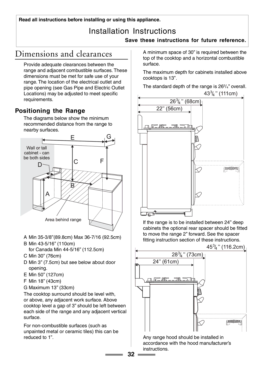 Aga Ranges U104001-03 manual Dimensions and clearances, Positioning the Range 