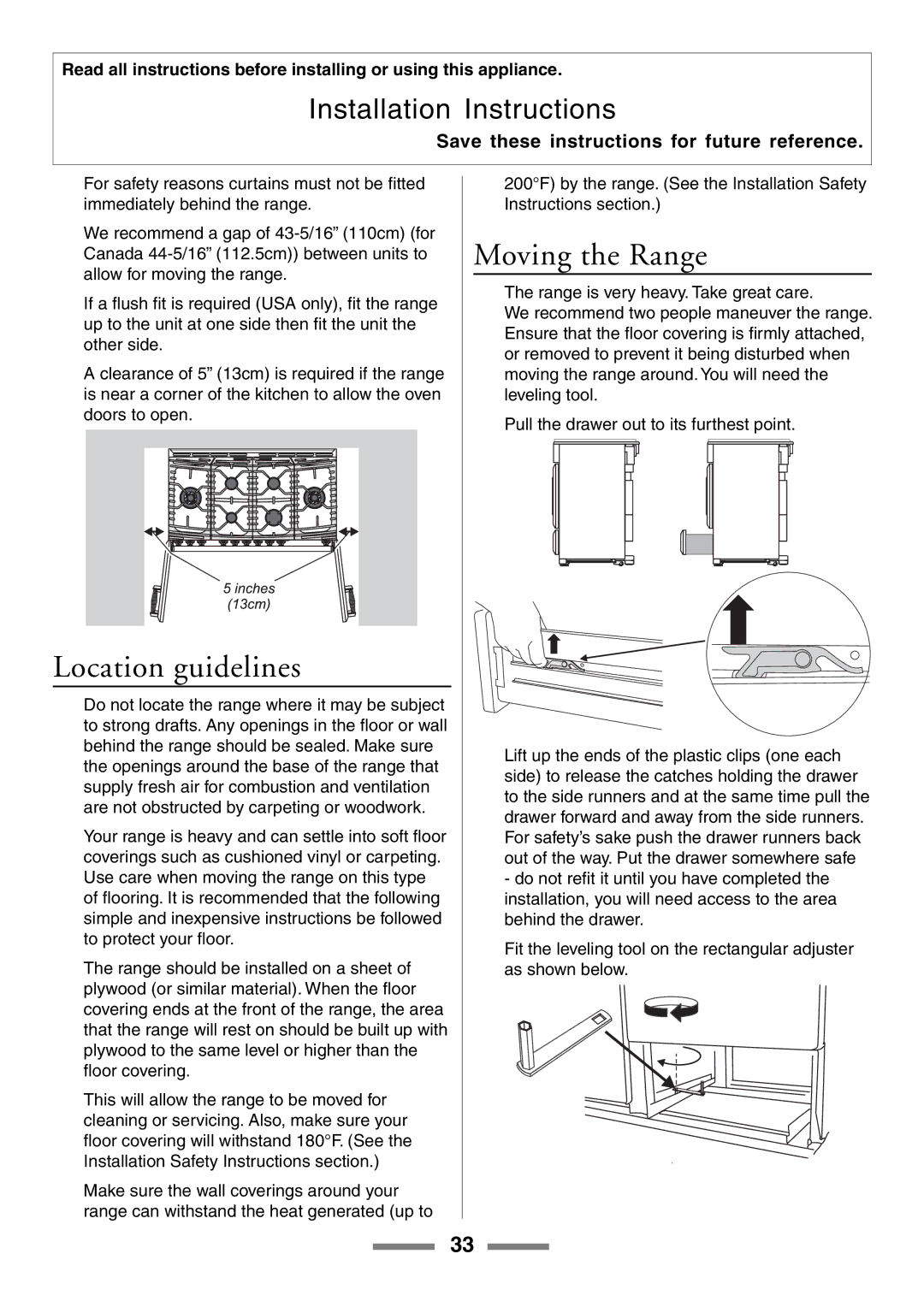 Aga Ranges U104001-03 manual Location guidelines, Moving the Range 