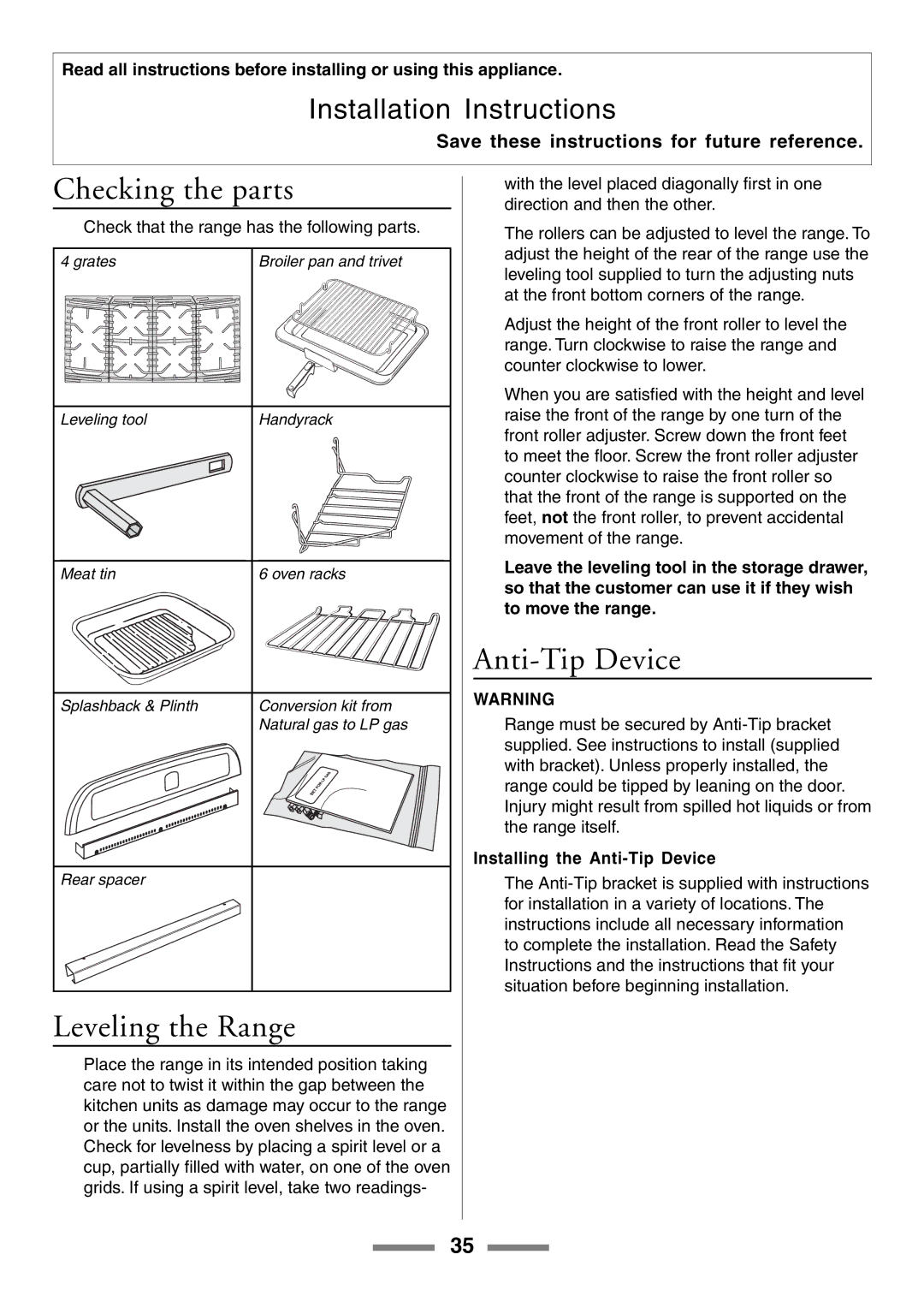 Aga Ranges U104001-03 manual Checking the parts, Leveling the Range, Installing the Anti-Tip Device 