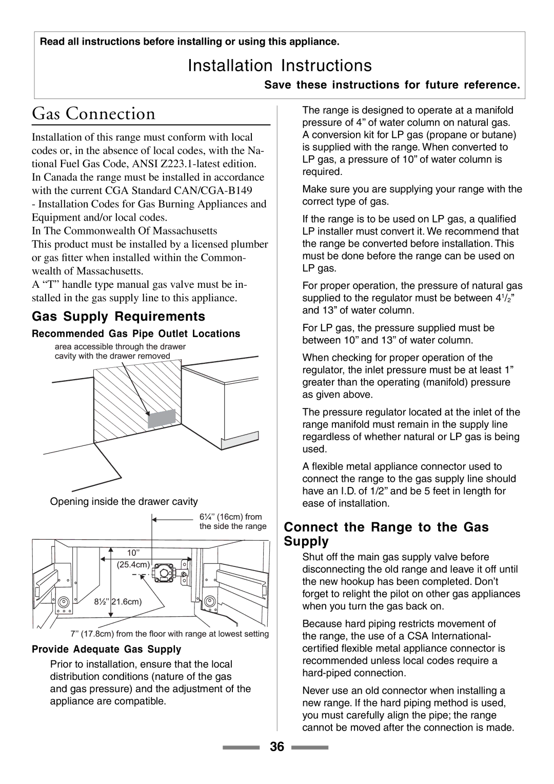 Aga Ranges U104001-03 manual Gas Connection, Gas Supply Requirements, Connect the Range to the Gas Supply 