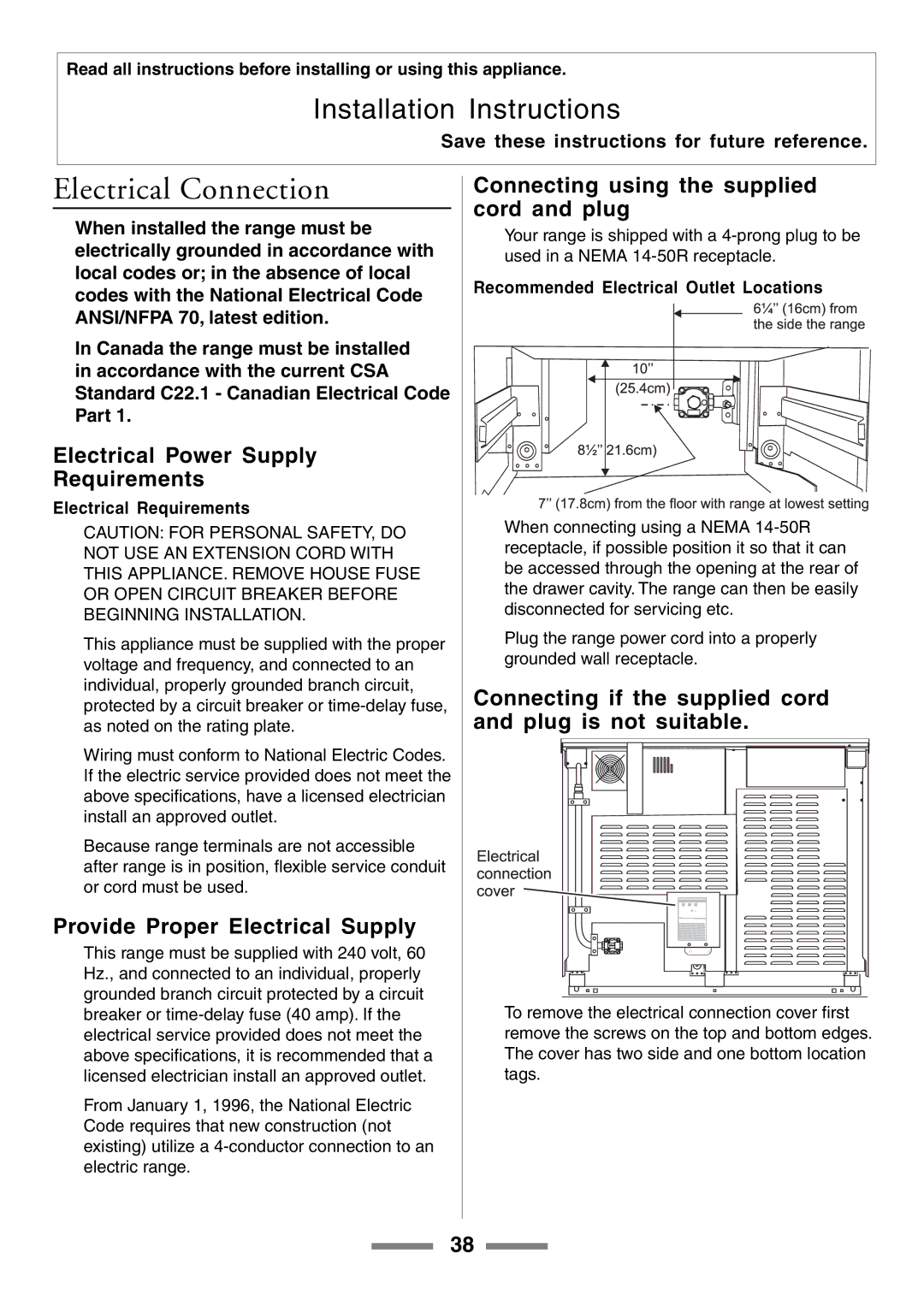 Aga Ranges U104001-03 manual Electrical Connection, Electrical Power Supply Requirements, Provide Proper Electrical Supply 