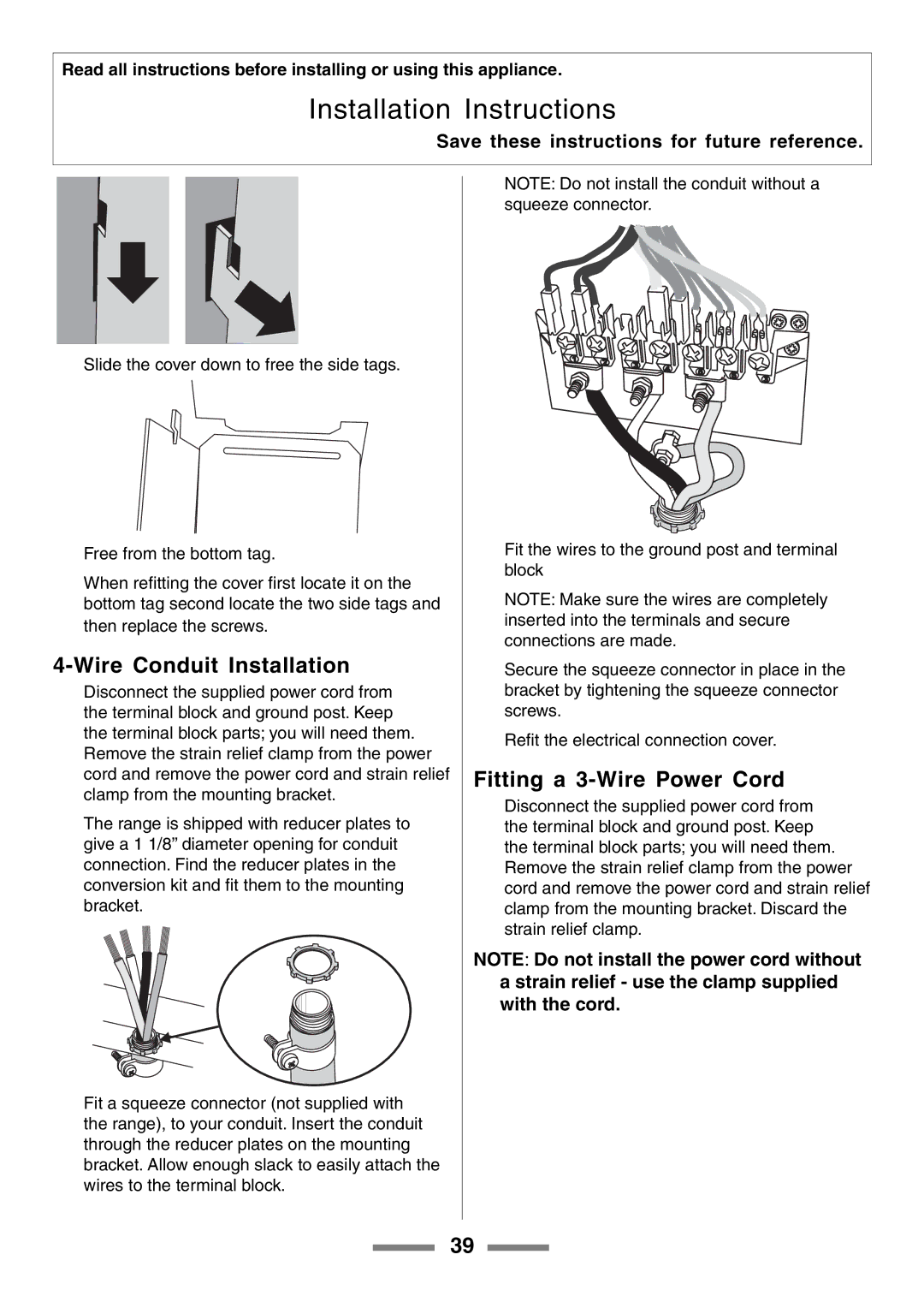 Aga Ranges U104001-03 manual Wire Conduit Installation, Fitting a 3-Wire Power Cord 