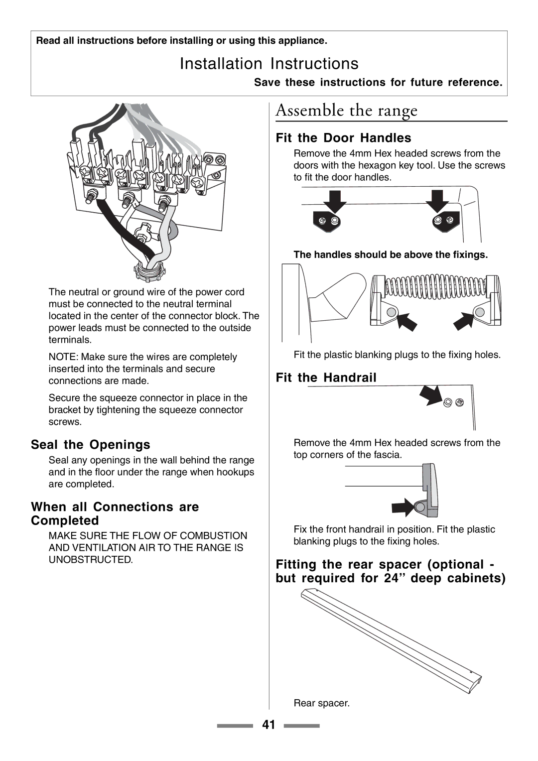 Aga Ranges U104001-03 Assemble the range, Seal the Openings, When all Connections are Completed, Fit the Door Handles 