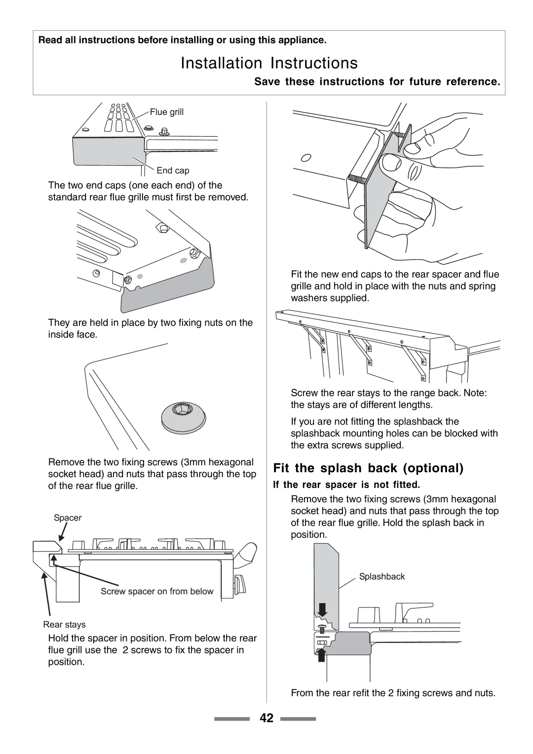 Aga Ranges U104001-03 manual Fit the splash back optional, If the rear spacer is not fitted 