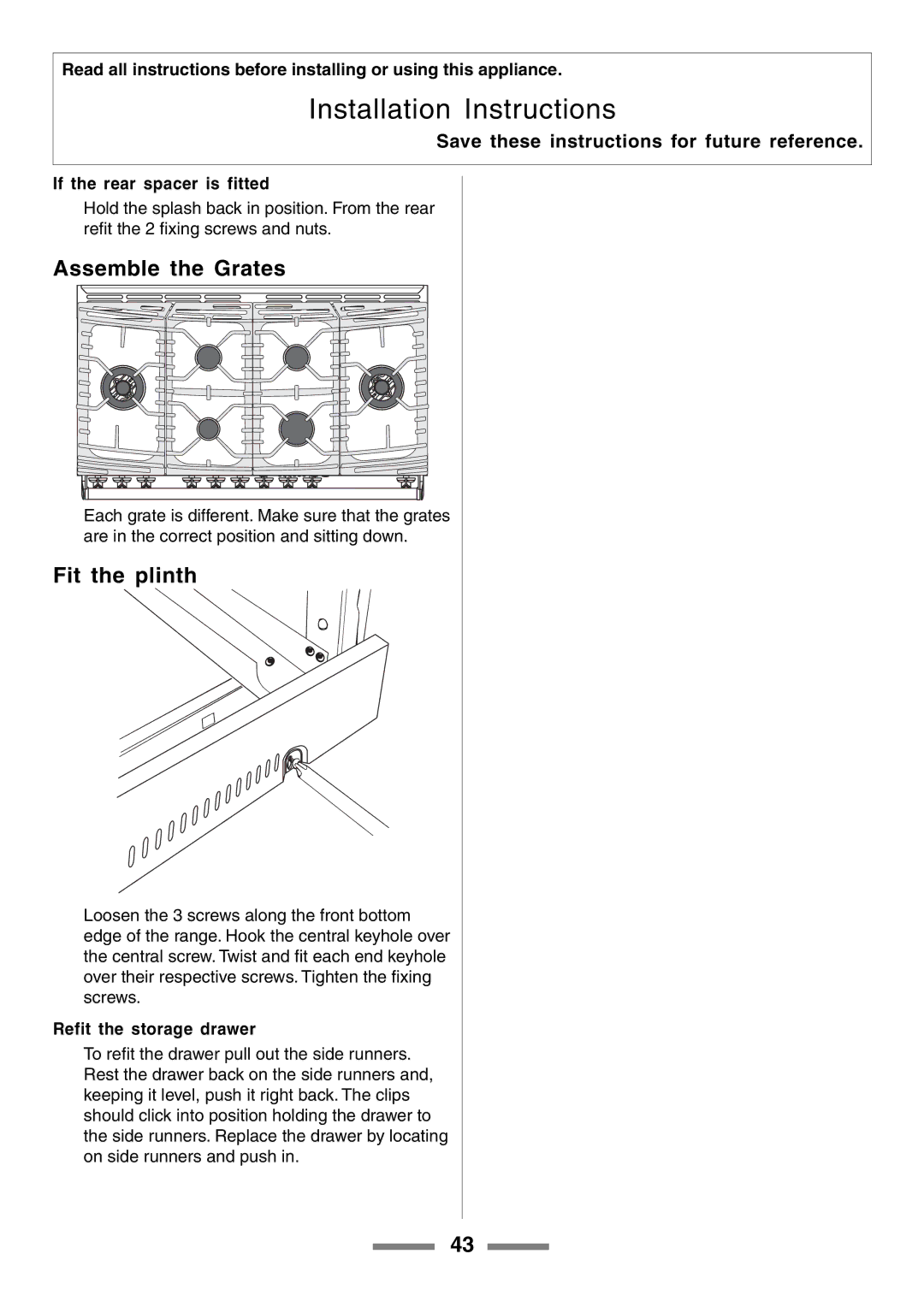 Aga Ranges U104001-03 manual Assemble the Grates, Fit the plinth, If the rear spacer is fitted, Refit the storage drawer 