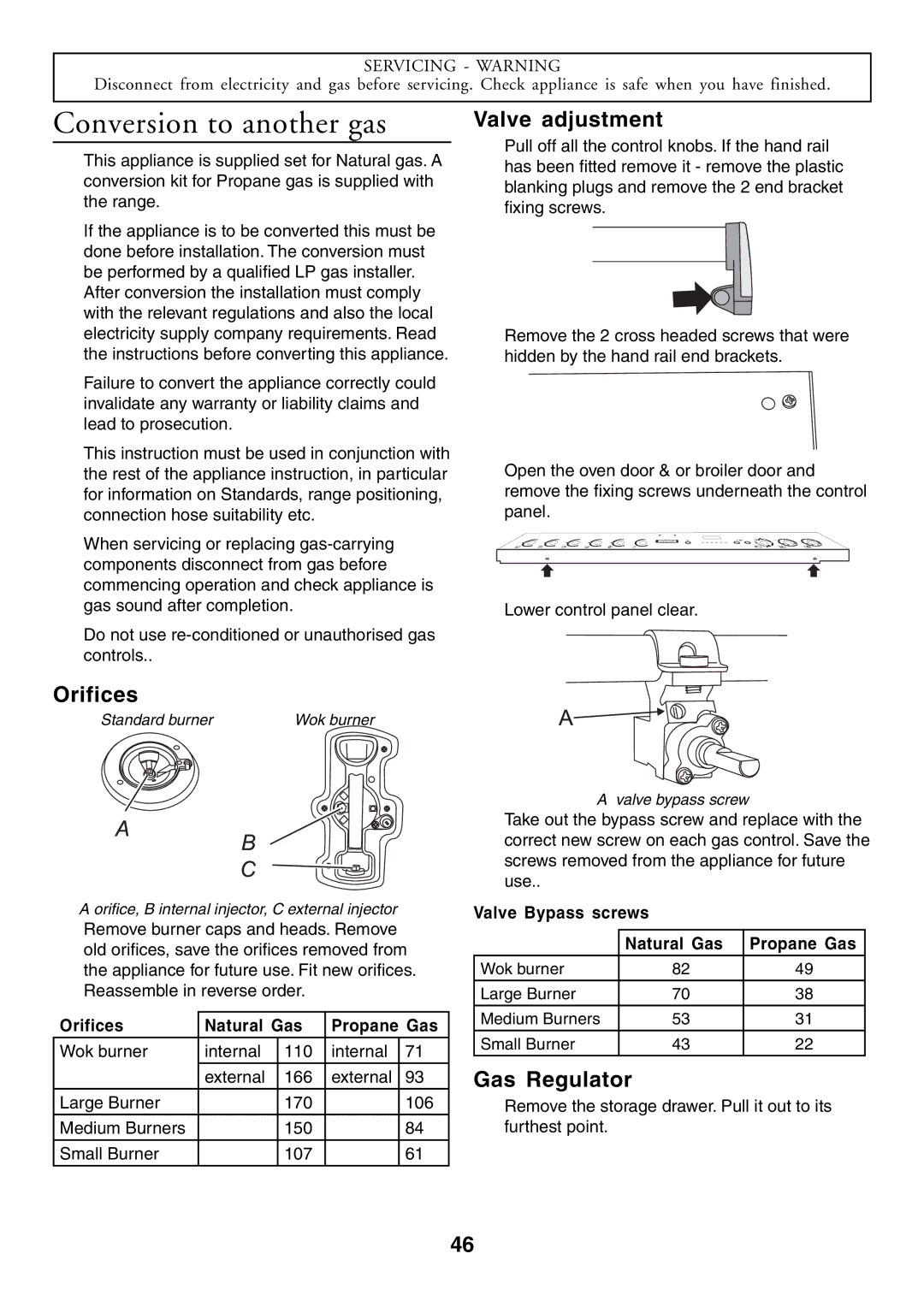 Aga Ranges U104001-03 manual Conversion to another gas, Orifices, Valve adjustment, Gas Regulator 