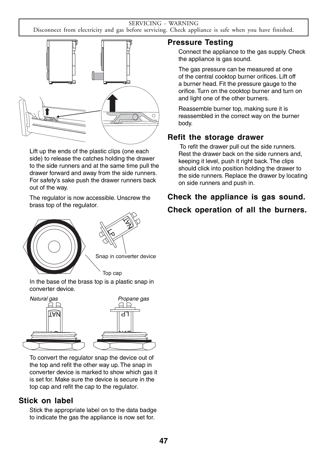 Aga Ranges U104001-03 manual Stick on label, Pressure Testing, Refit the storage drawer 