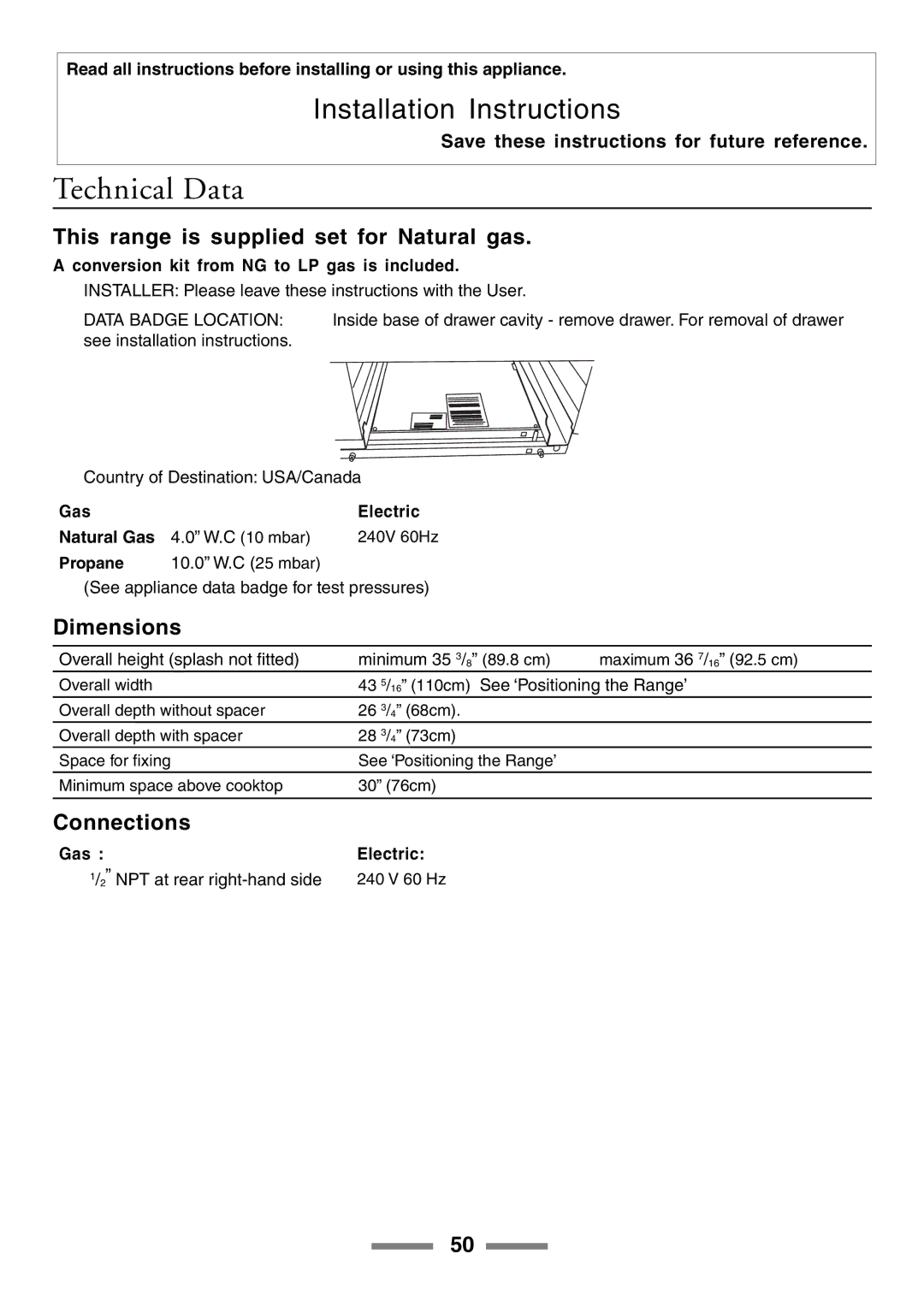 Aga Ranges U104001-03 manual Technical Data, This range is supplied set for Natural gas, Dimensions, Connections 