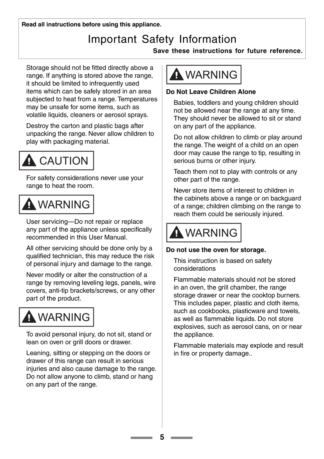 Aga Ranges U104001-03 manual Do Not Leave Children Alone 