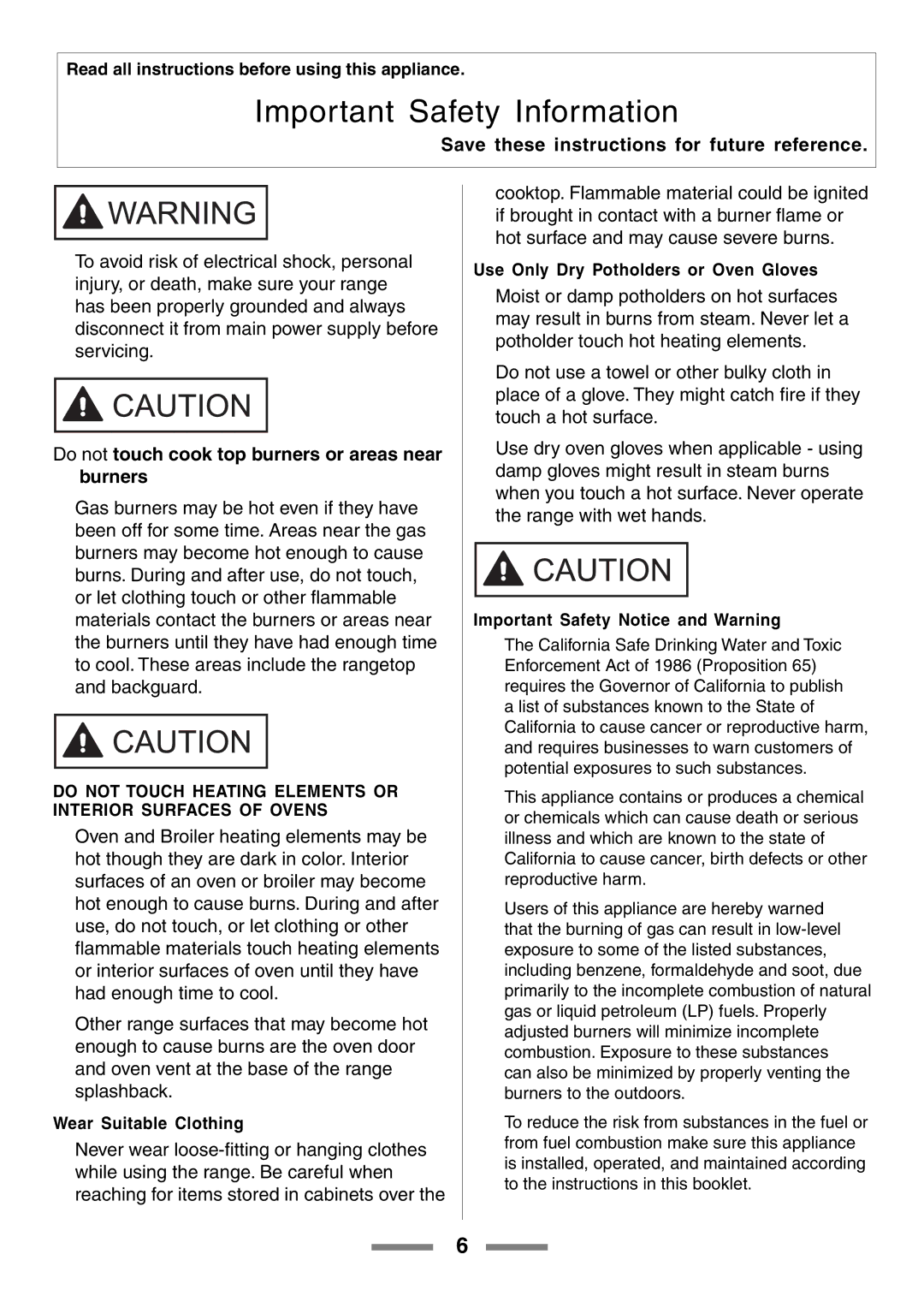 Aga Ranges U104001-03 Wear Suitable Clothing, Use Only Dry Potholders or Oven Gloves, Important Safety Notice and Warning 