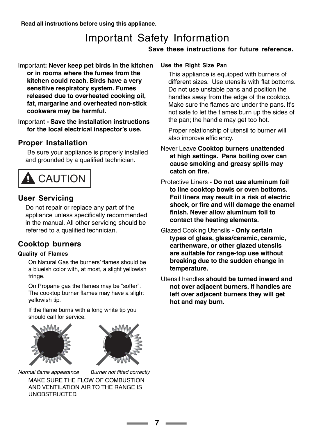 Aga Ranges U104001-03 Proper Installation, User Servicing, Cooktop burners, Quality of Flames, Use the Right Size Pan 