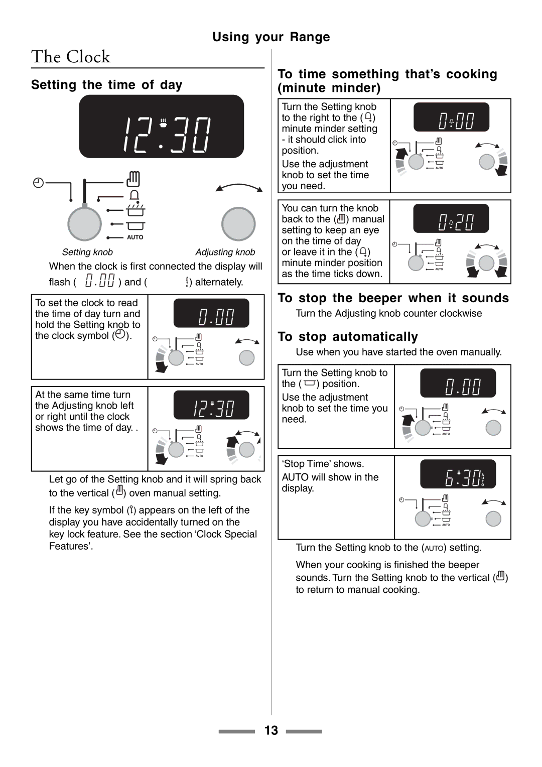 Aga Ranges U104601-01 manual Clock, Setting the time of day, To time something that’s cooking minute minder 