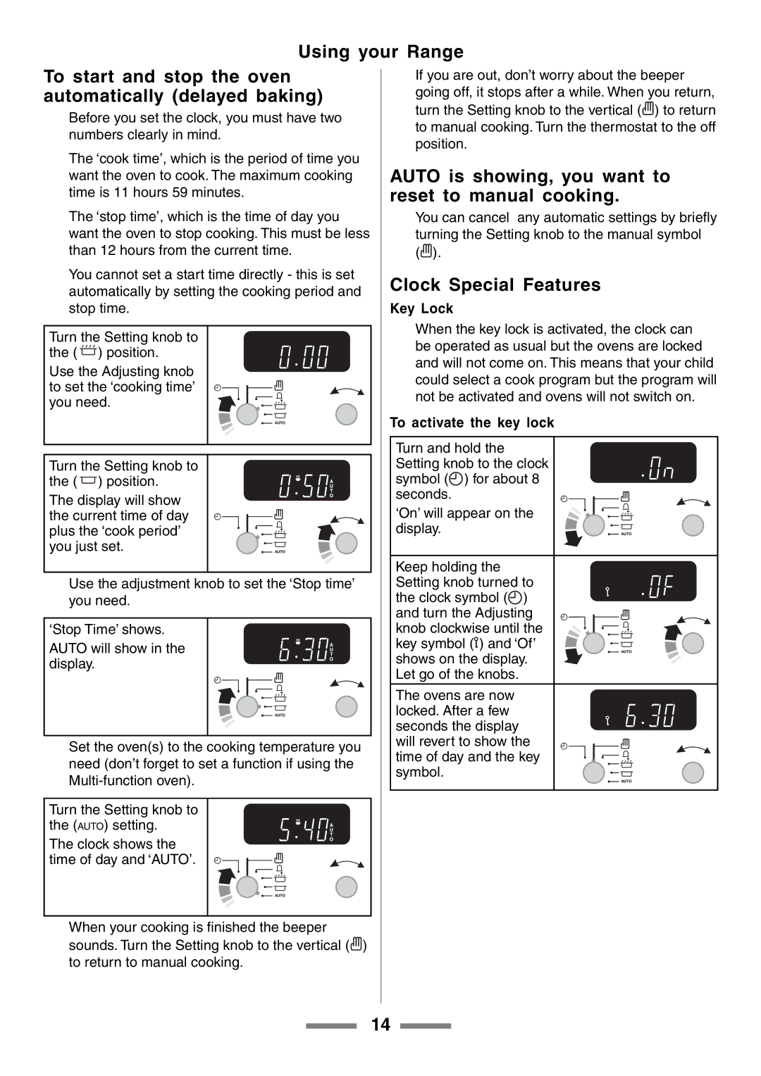 Aga Ranges U104601-01 Auto is showing, you want to reset to manual cooking, Clock Special Features, Key Lock 