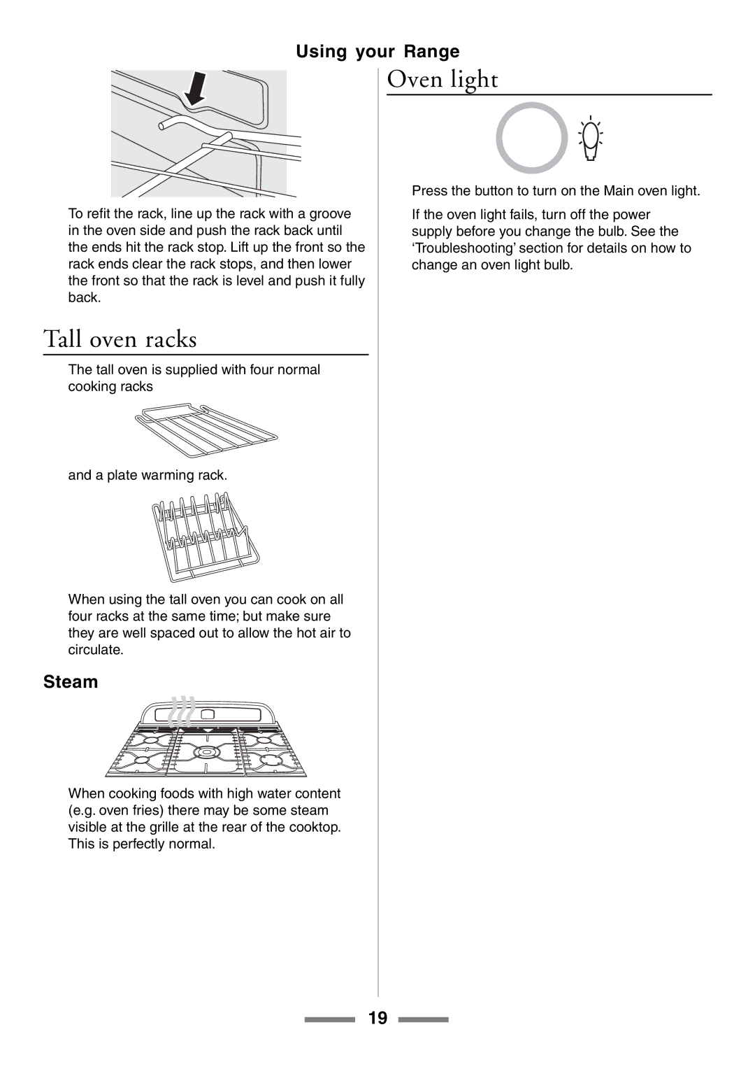 Aga Ranges U104601-01 manual Tall oven racks, Oven light, Steam 