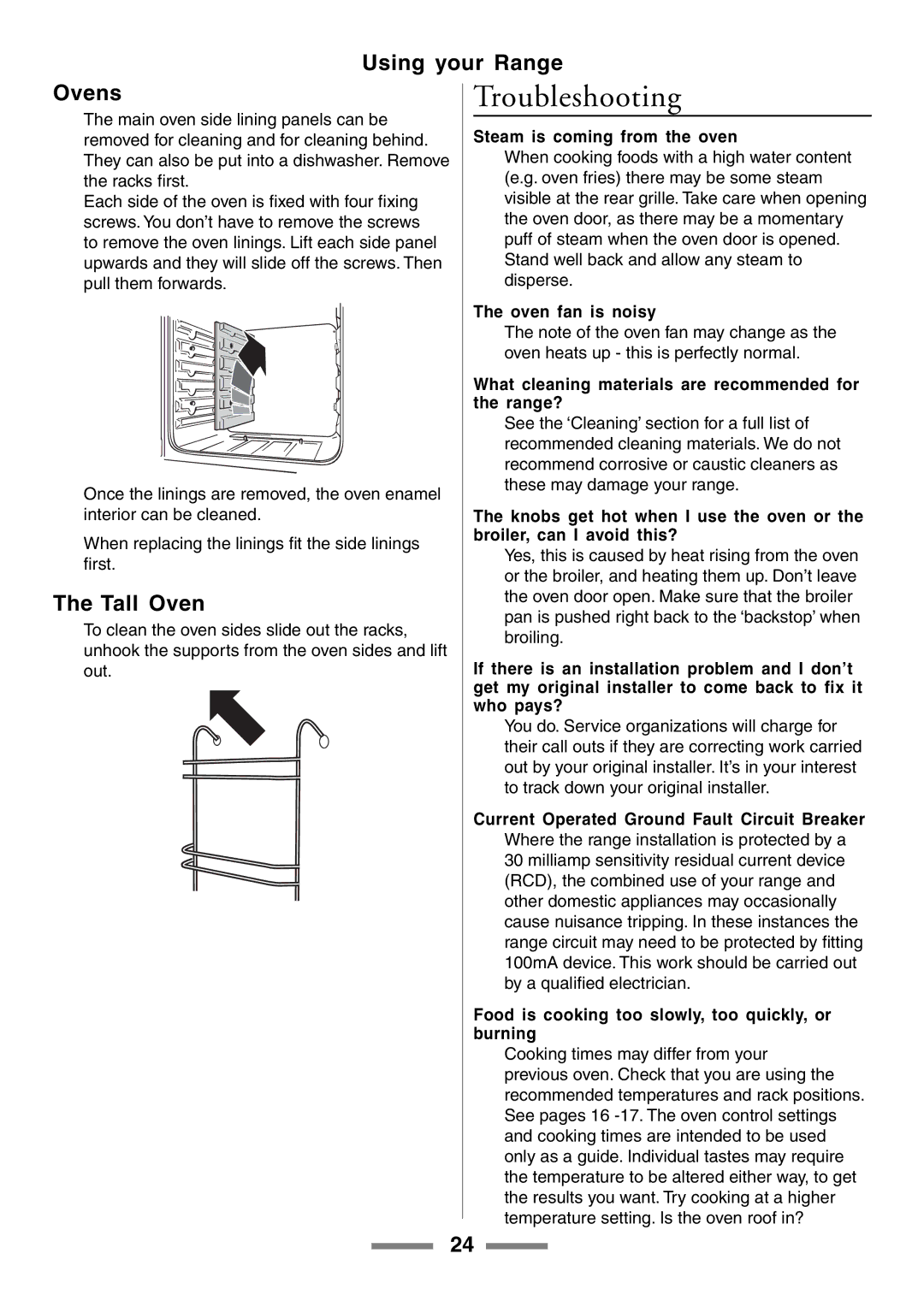 Aga Ranges U104601-01 manual Troubleshooting, Using your Range Ovens, Tall Oven, Steam is coming from the oven 