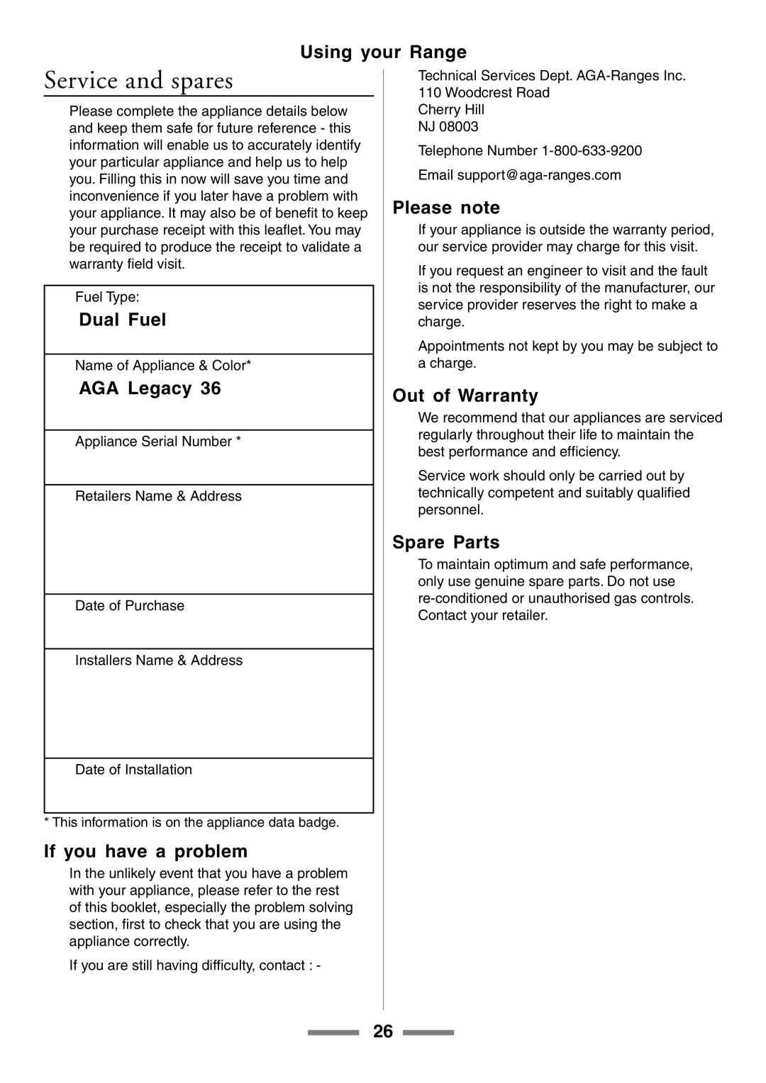 Aga Ranges U104601-01 manual Service and spares 