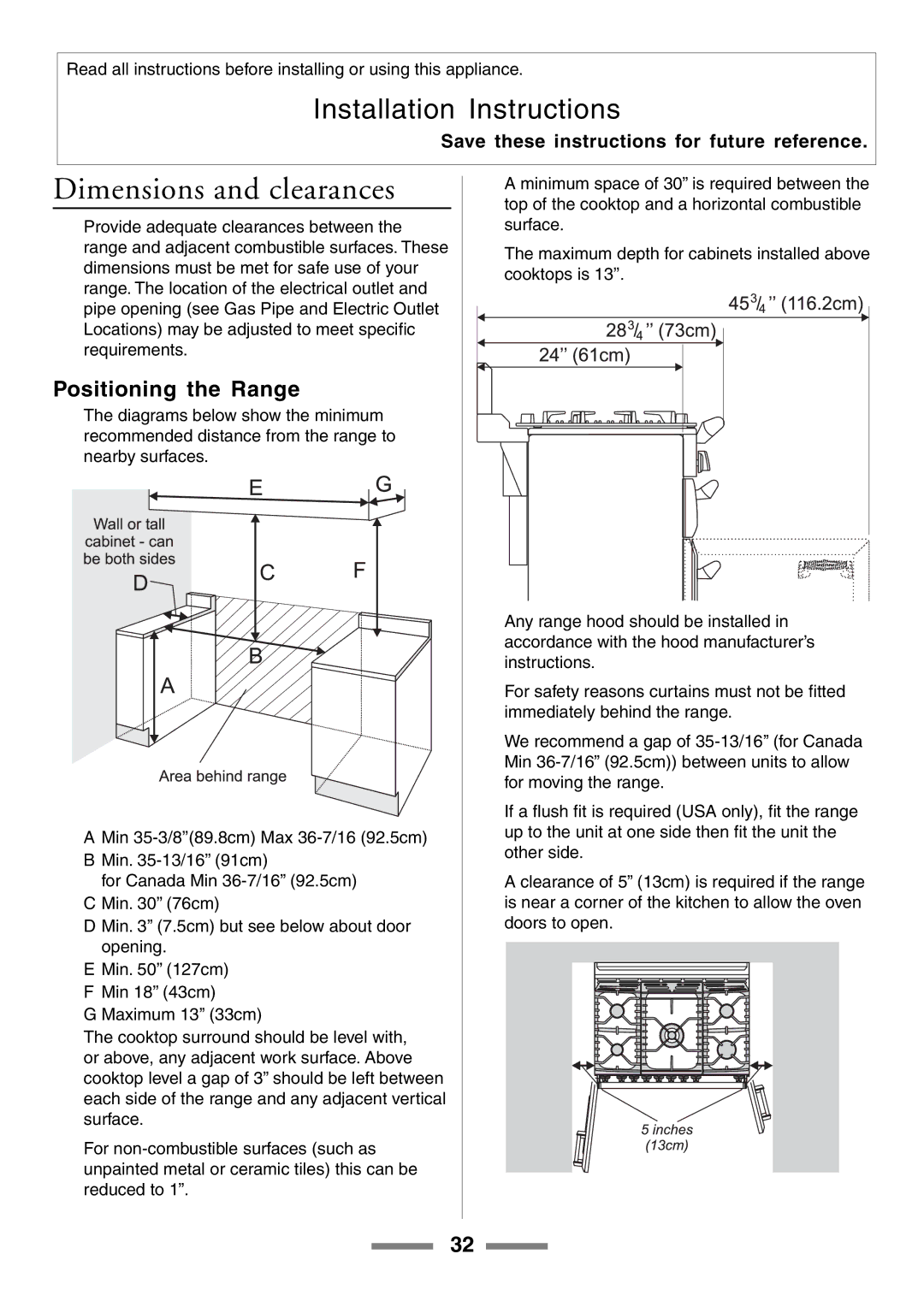 Aga Ranges U104601-01 manual Dimensions and clearances, Positioning the Range 