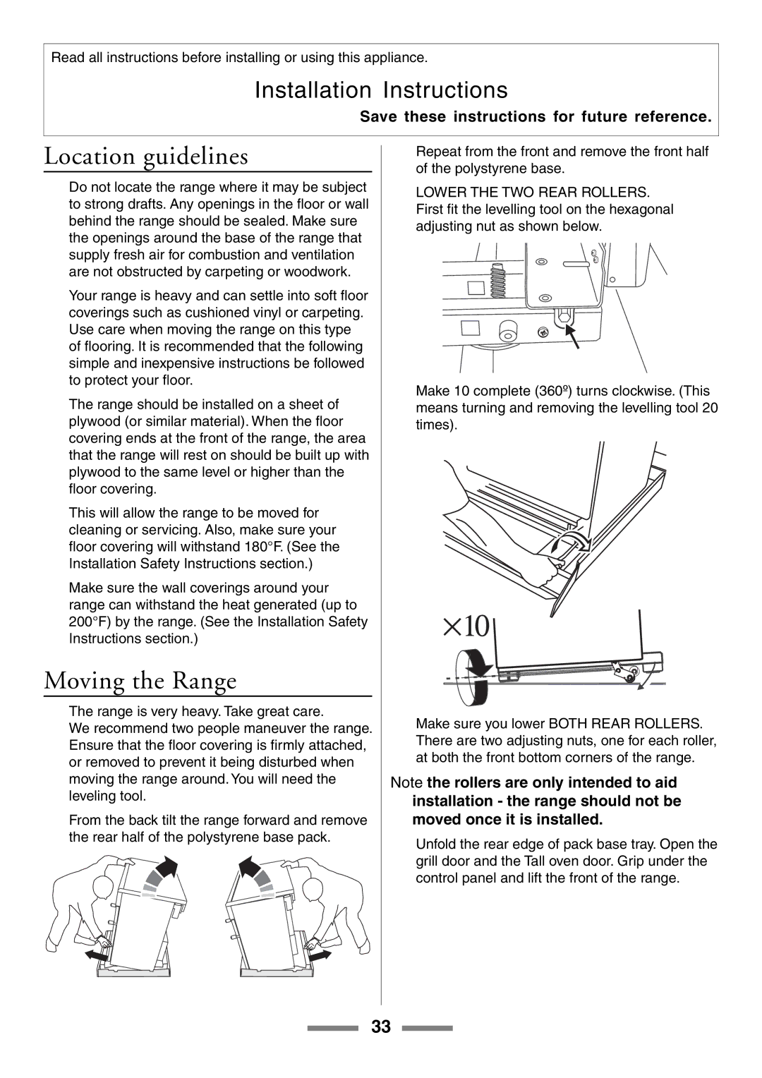 Aga Ranges U104601-01 manual Location guidelines, Moving the Range 