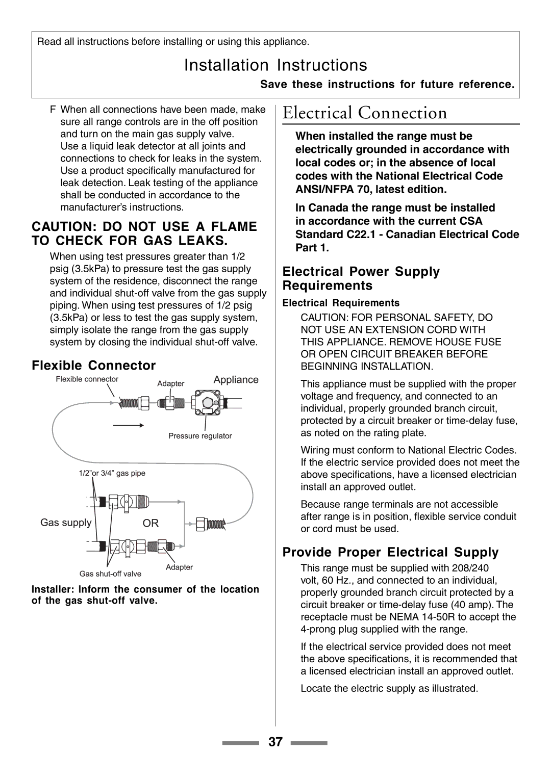 Aga Ranges U104601-01 manual Electrical Connection, Flexible Connector, Electrical Power Supply Requirements 