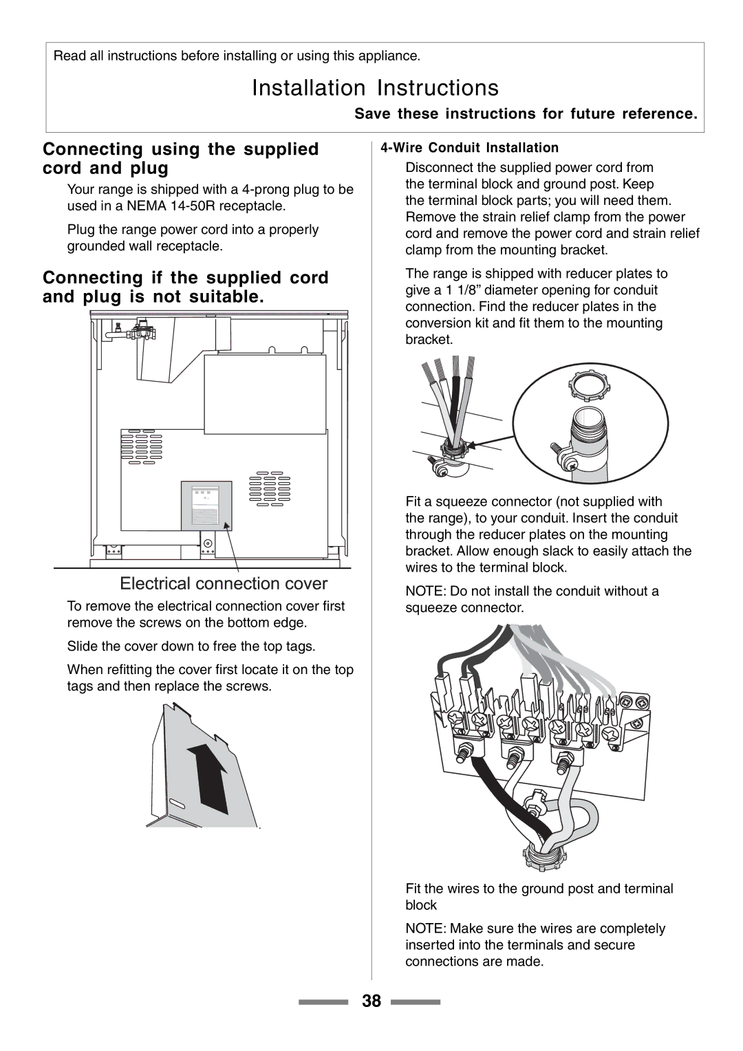 Aga Ranges U104601-01 manual Connecting using the supplied cord and plug, Wire Conduit Installation 