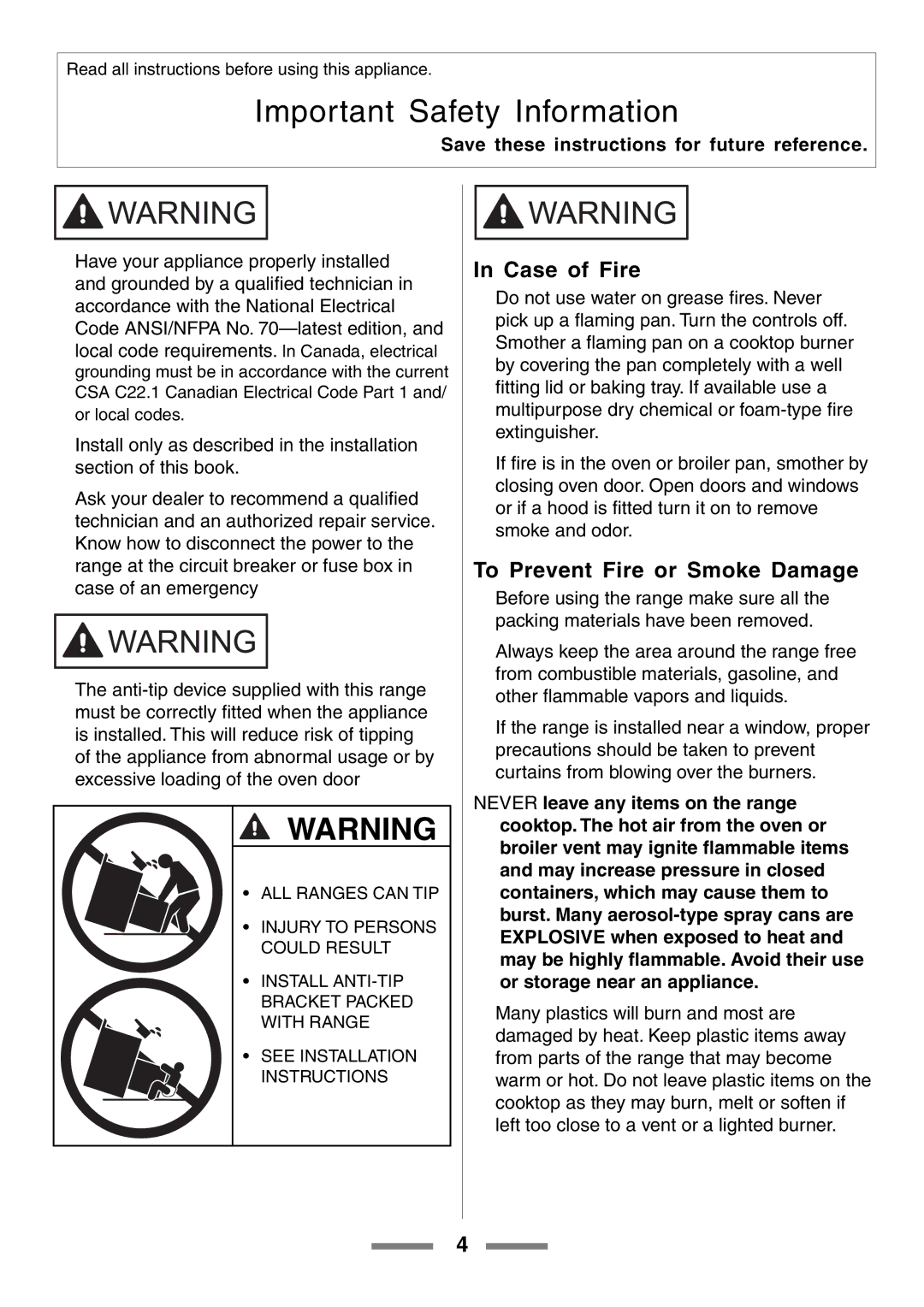 Aga Ranges U104601-01 manual Case of Fire, To Prevent Fire or Smoke Damage 