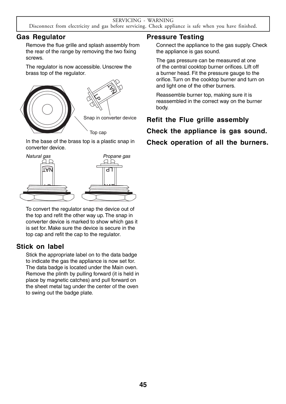 Aga Ranges U104601-01 manual Gas Regulator, Stick on label, Pressure Testing 