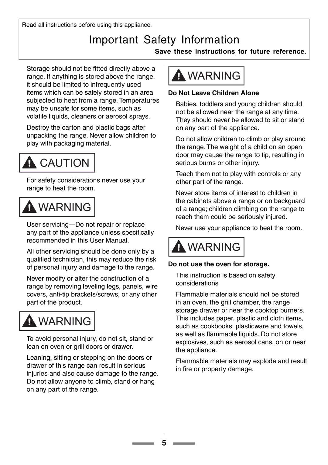 Aga Ranges U104601-01 manual Do Not Leave Children Alone 