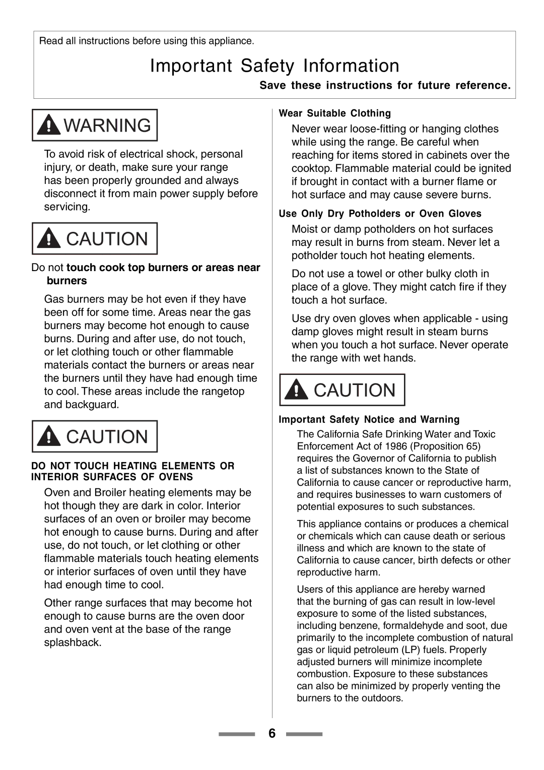 Aga Ranges U104601-01 Wear Suitable Clothing, Use Only Dry Potholders or Oven Gloves, Important Safety Notice and Warning 