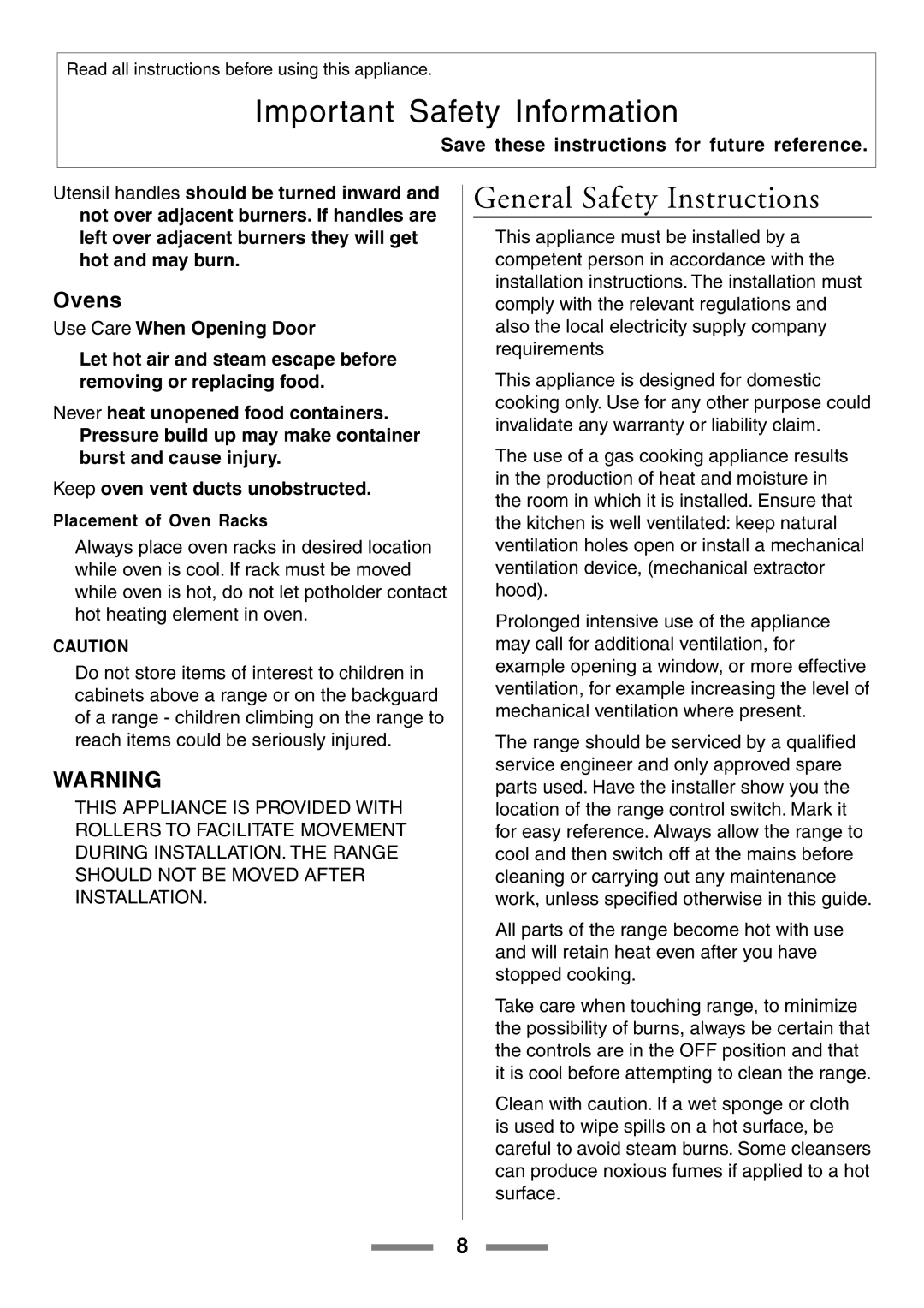 Aga Ranges U104601-01 manual General Safety Instructions, Ovens, Placement of Oven Racks 