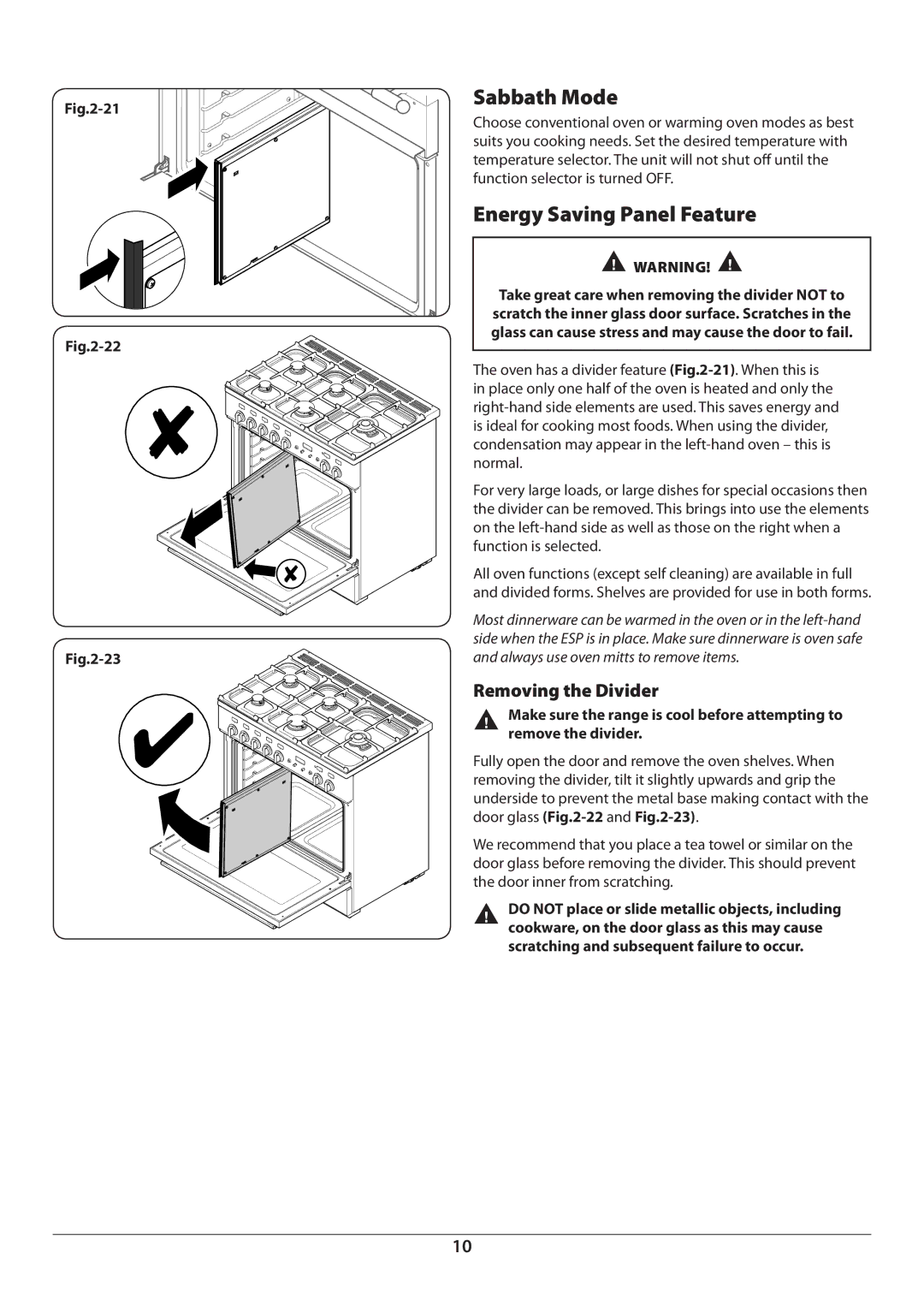 Aga Ranges U110054 - 03A manual Sabbath Mode, Energy Saving Panel Feature, Removing the Divider 