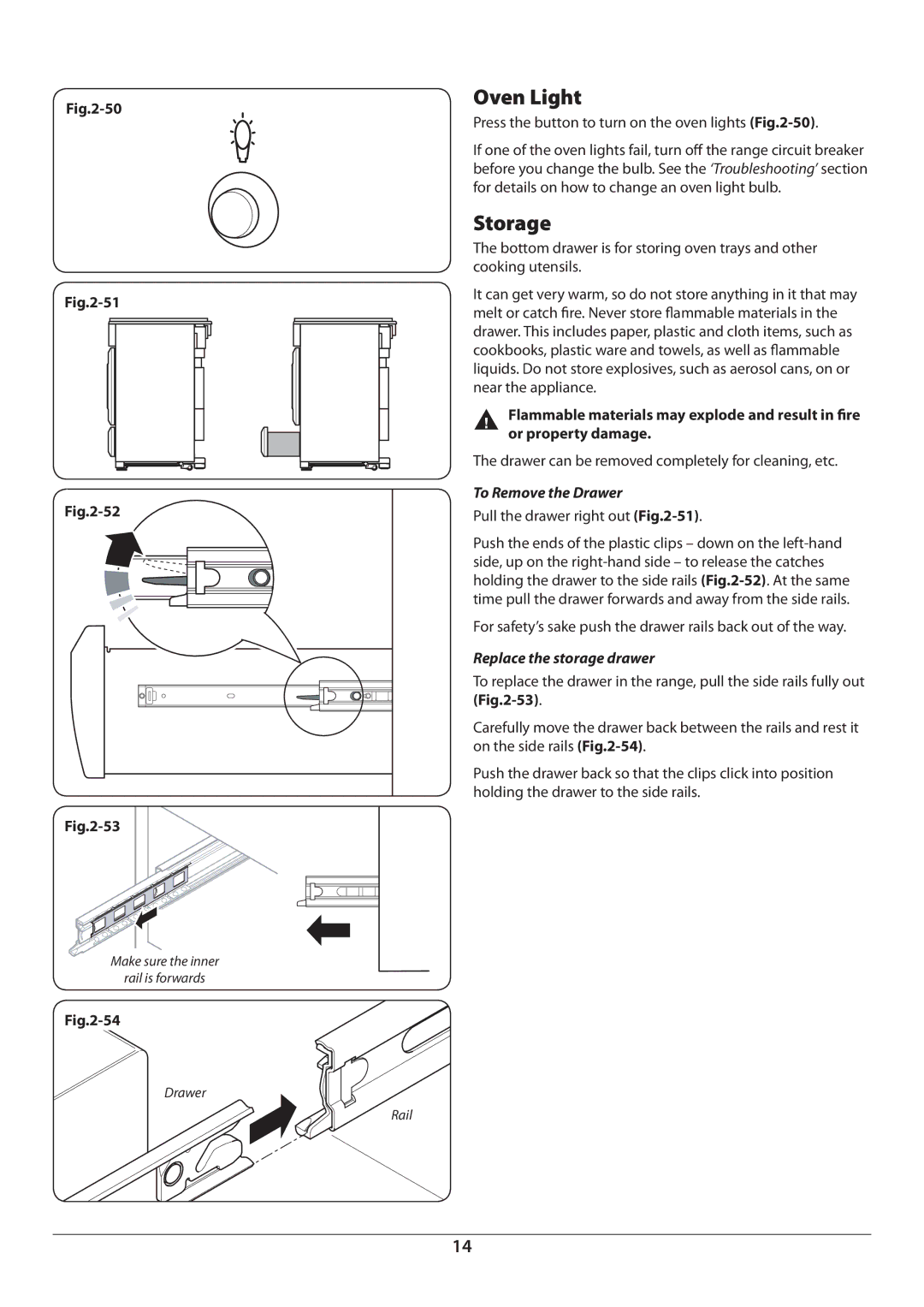 Aga Ranges U110054 - 03A manual Oven Light, Storage, To Remove the Drawer, Replace the storage drawer 