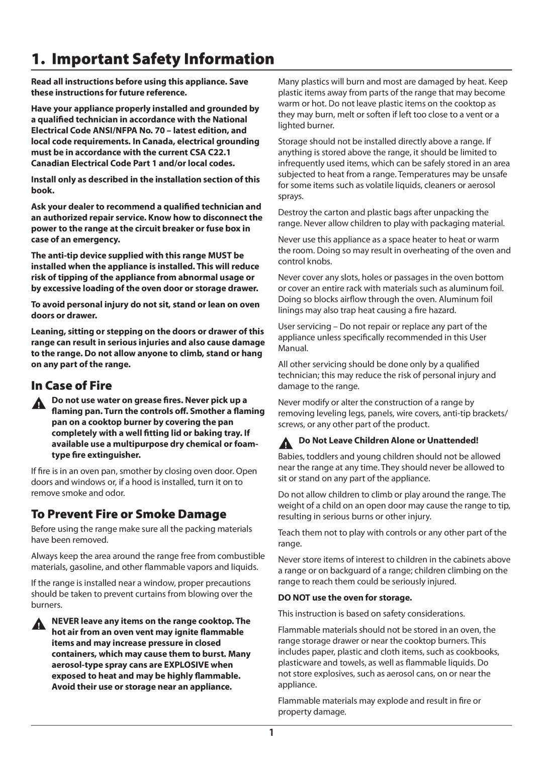 Aga Ranges U110054 - 03A manual Important Safety Information, Case of Fire, To Prevent Fire or Smoke Damage 