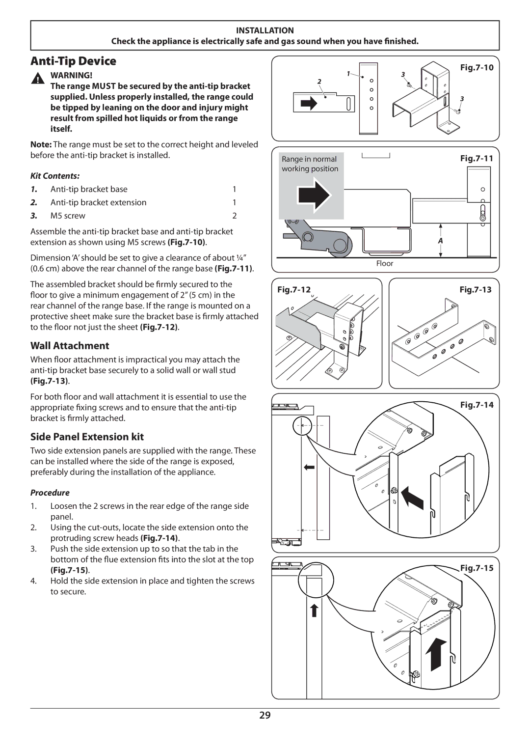 Aga Ranges U110054 - 03A manual Anti-Tip Device, Wall Attachment, Side Panel Extension kit, Kit Contents, Procedure 