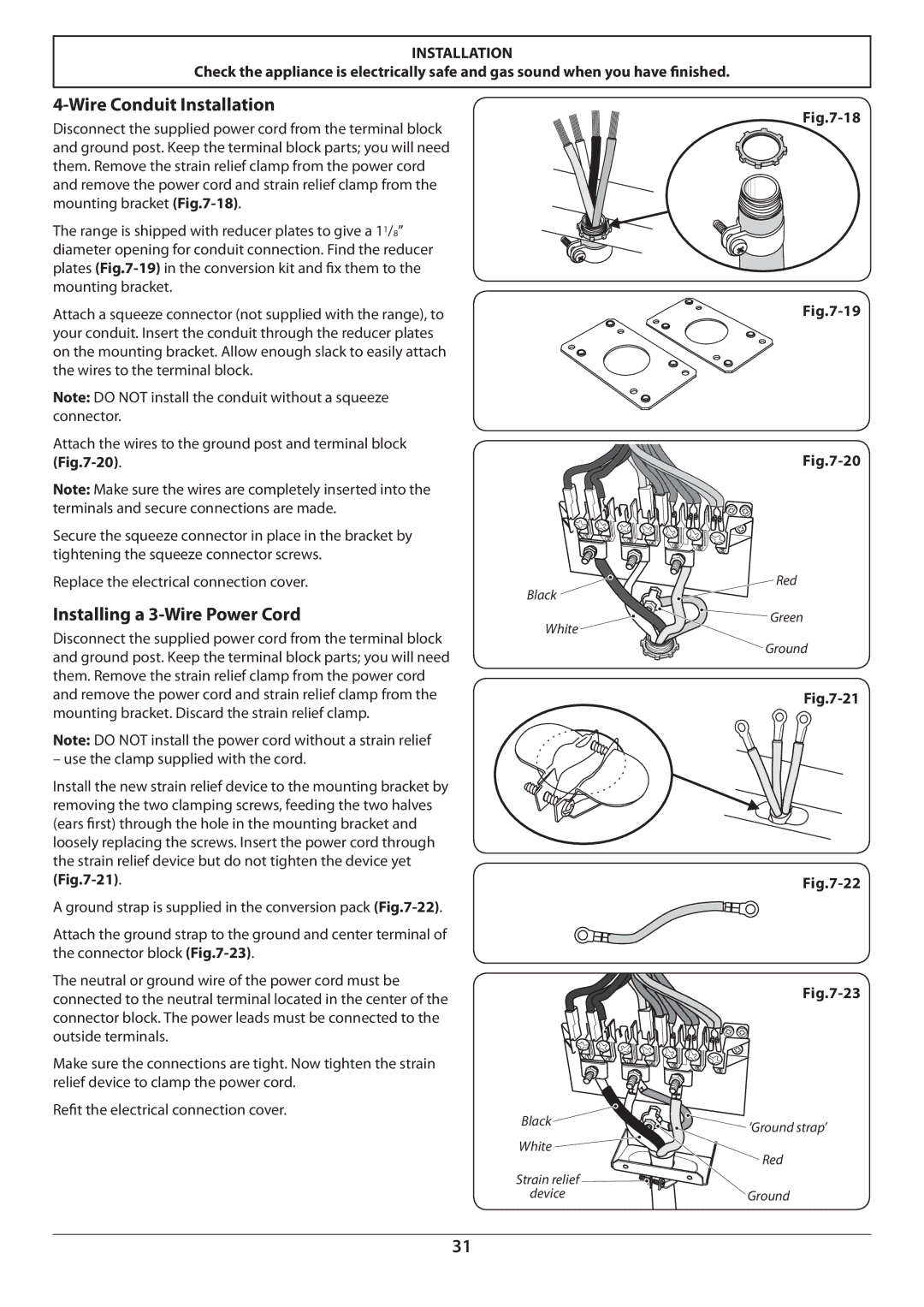 Aga Ranges U110054 - 03A manual Wire Conduit Installation, Installing a 3-Wire Power Cord 