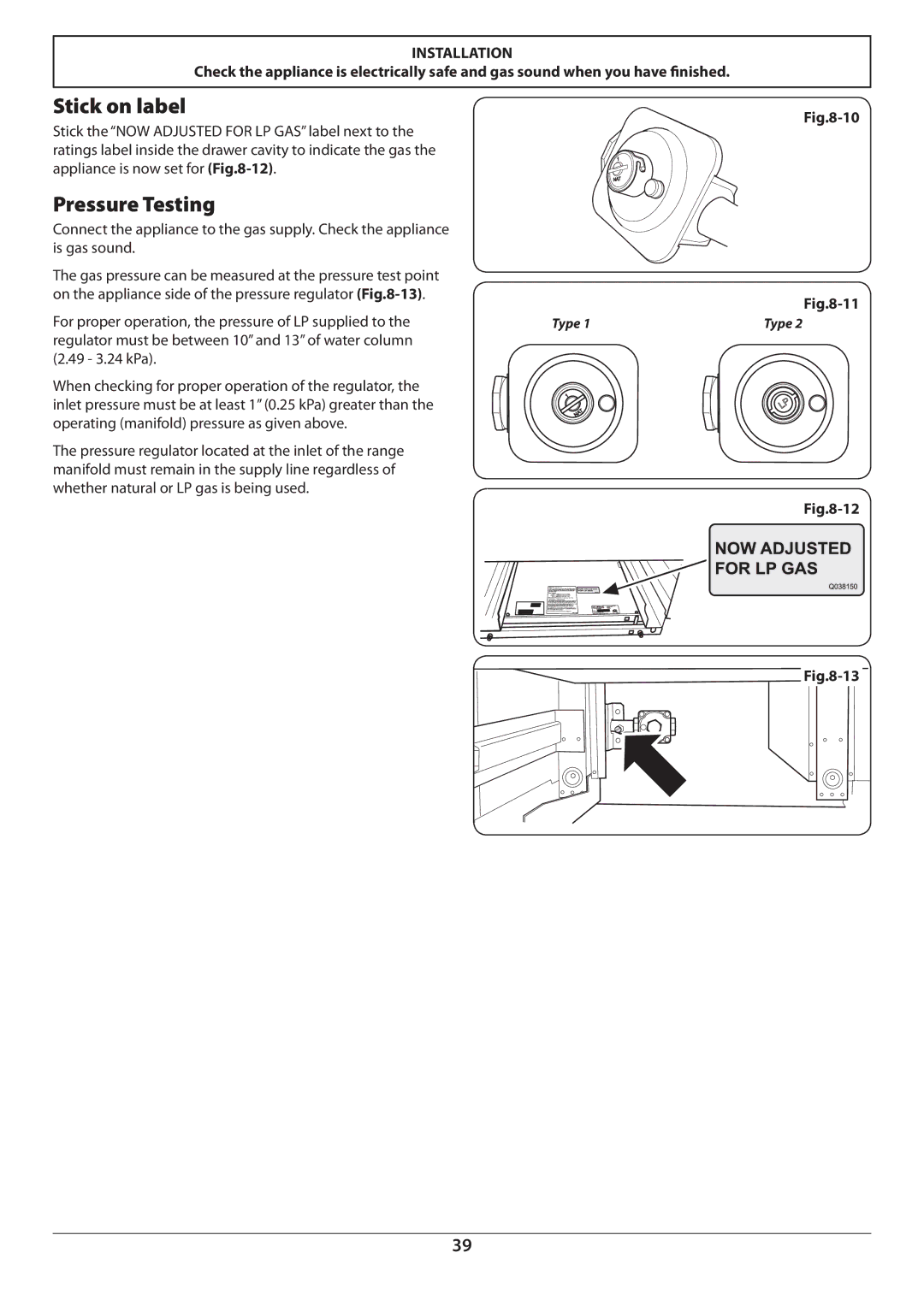 Aga Ranges U110054 - 03A manual Stick on label, Pressure Testing 