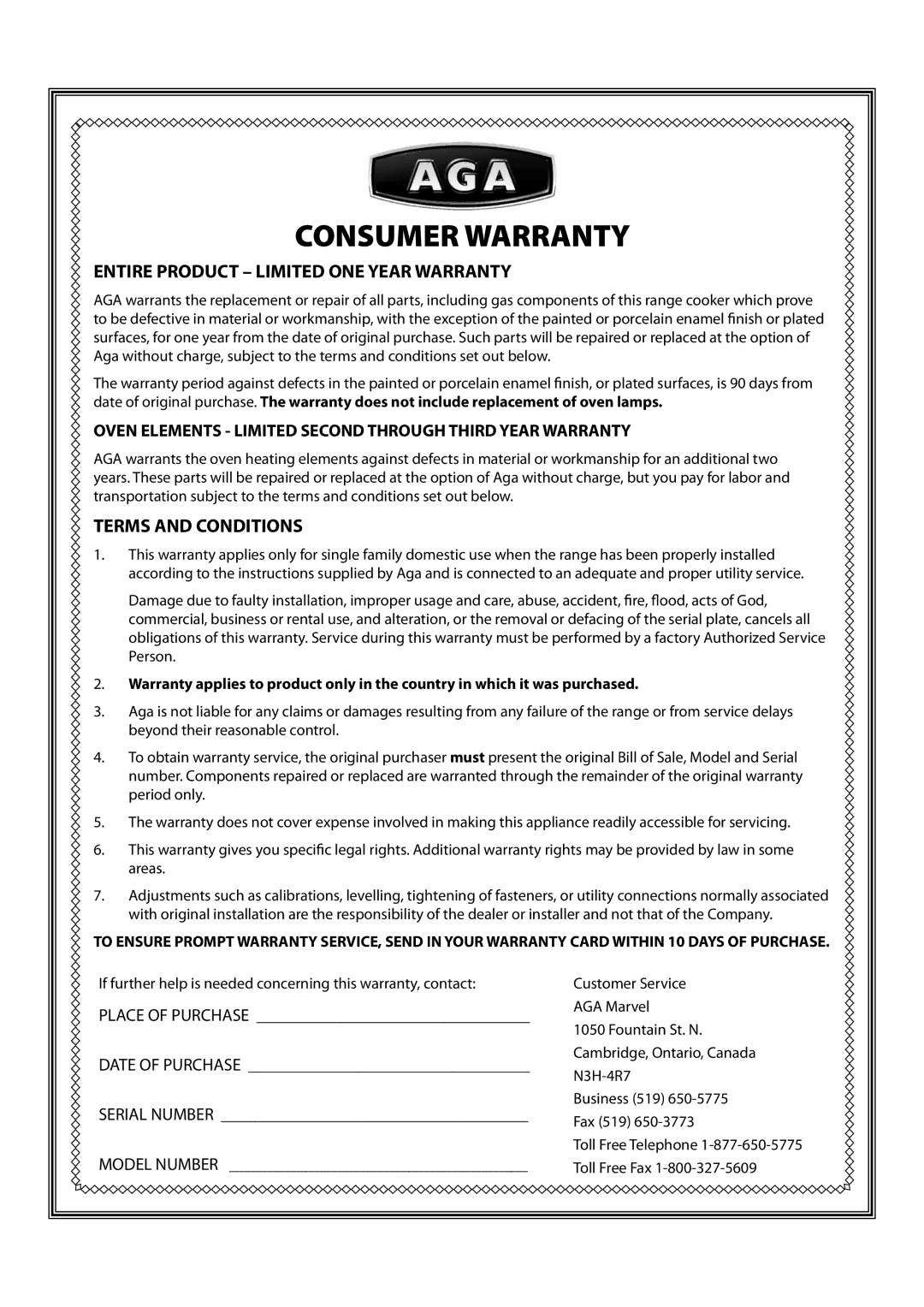 Aga Ranges U110054 - 03A manual Consumer Warranty, If further help is needed concerning this warranty, contact 