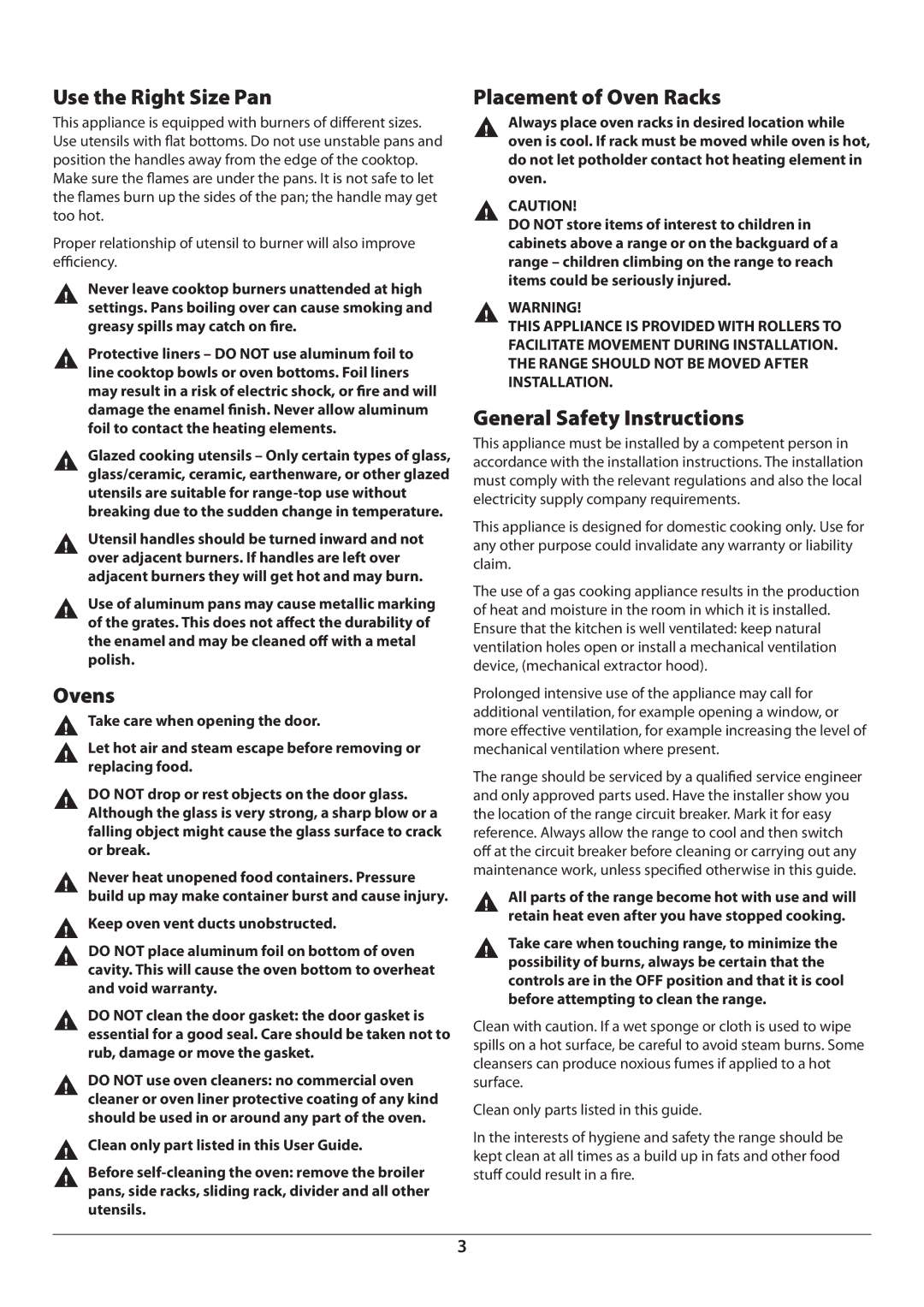 Aga Ranges U110054 - 03A manual Use the Right Size Pan, Ovens, Placement of Oven Racks, General Safety Instructions 