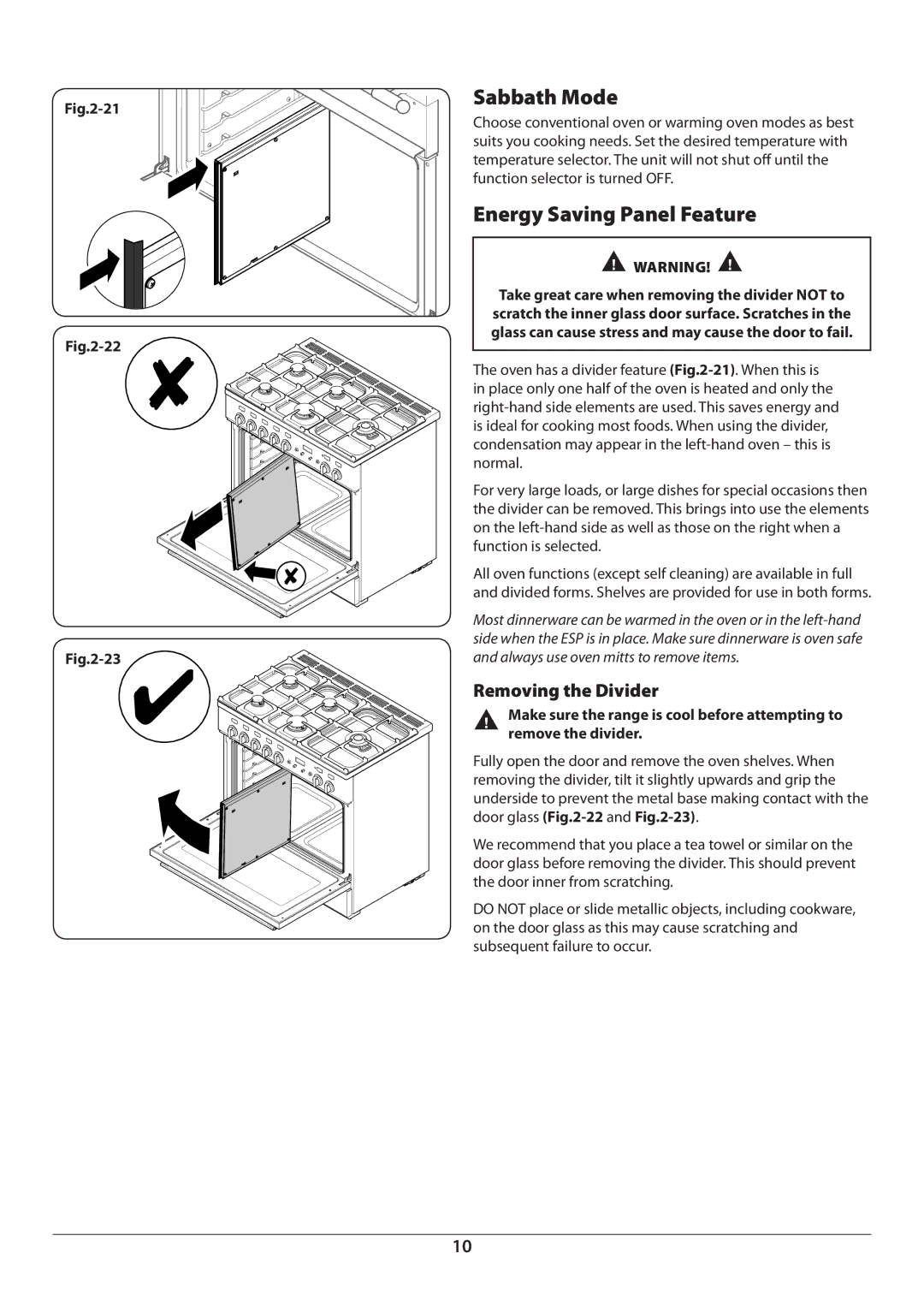 Aga Ranges U110054 manual Sabbath Mode, Energy Saving Panel Feature, Removing the Divider 