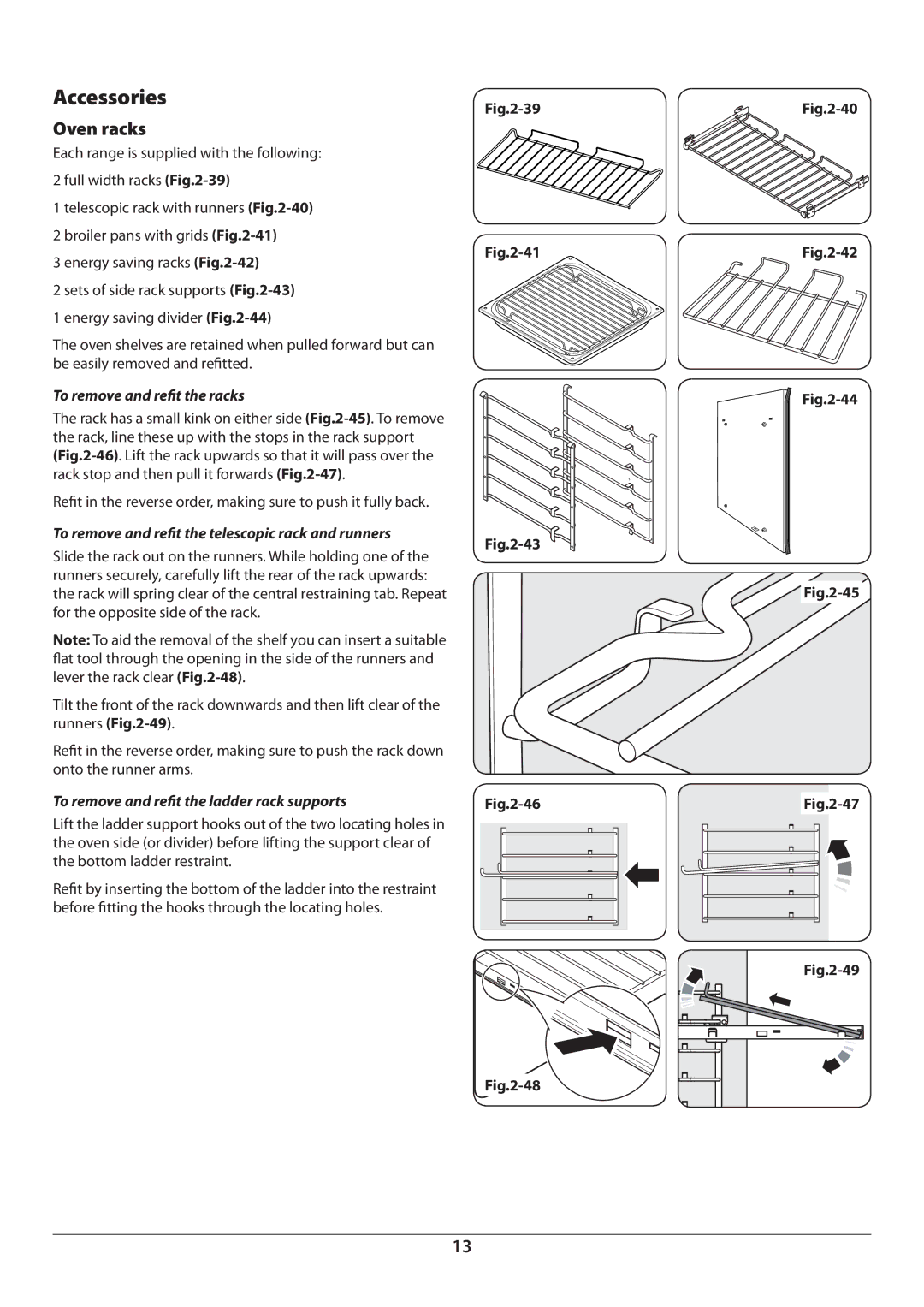 Aga Ranges U110054 Accessories, Oven racks, To remove and refit the racks, To remove and refit the ladder rack supports 